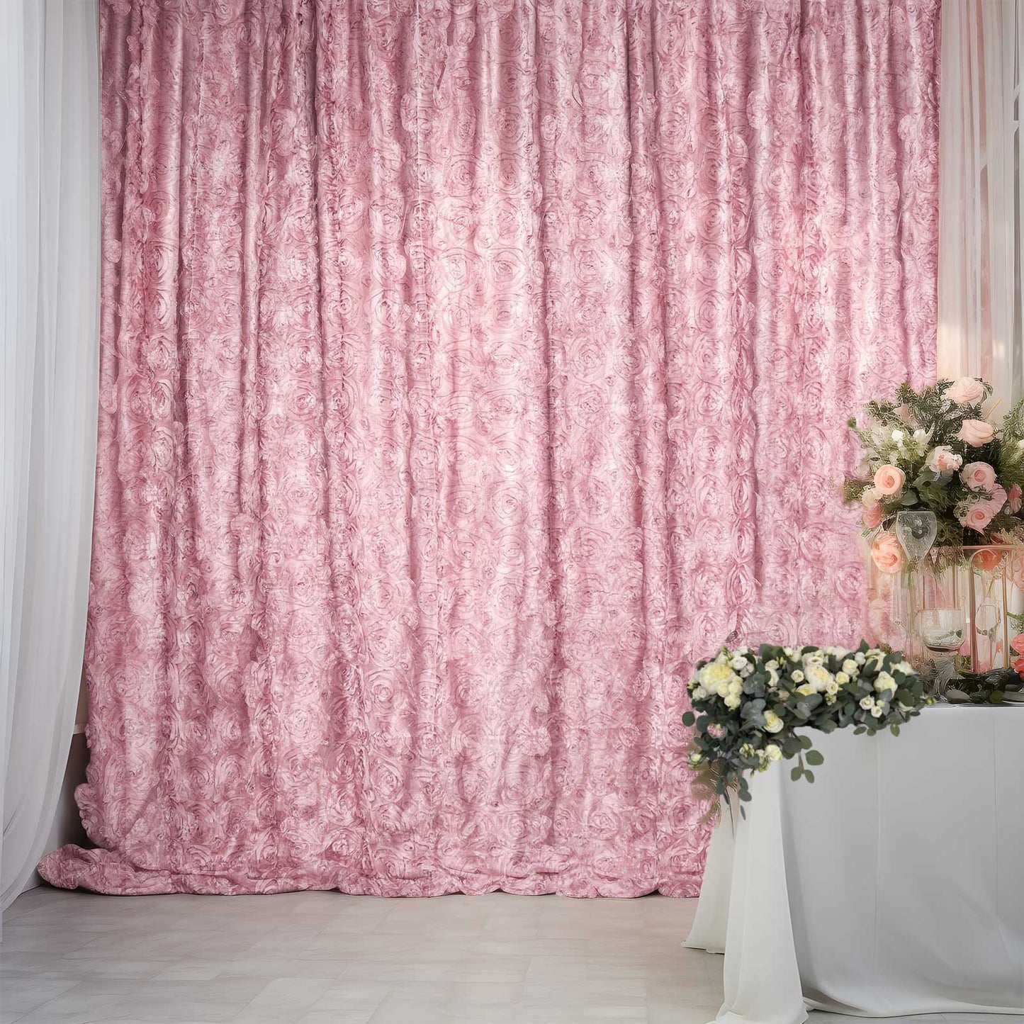 Blush Rose Gold 8 Feet x 8 Feet Satin Rosette Backdrop Drapes