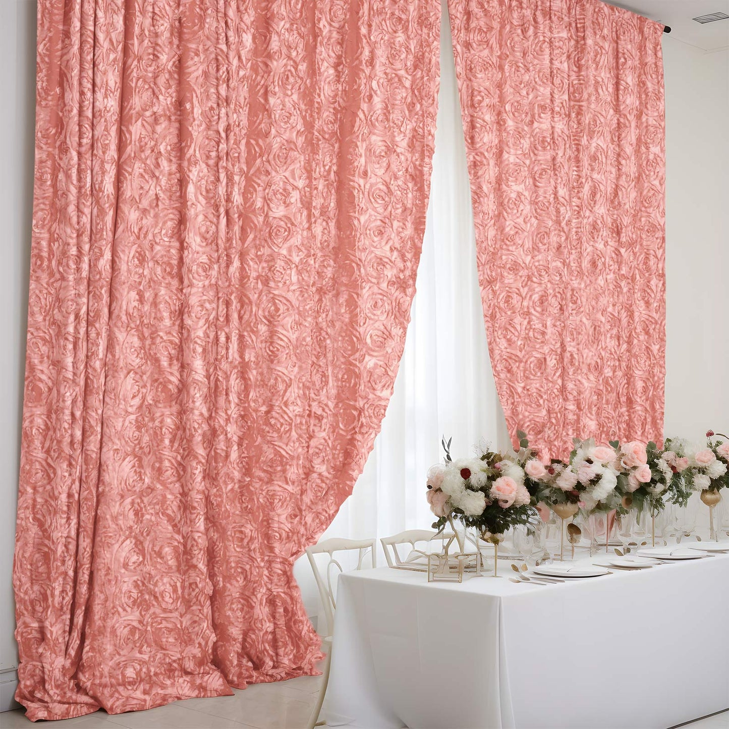 Dusty rose satin rosette event curtain drapes backdrop panel.
