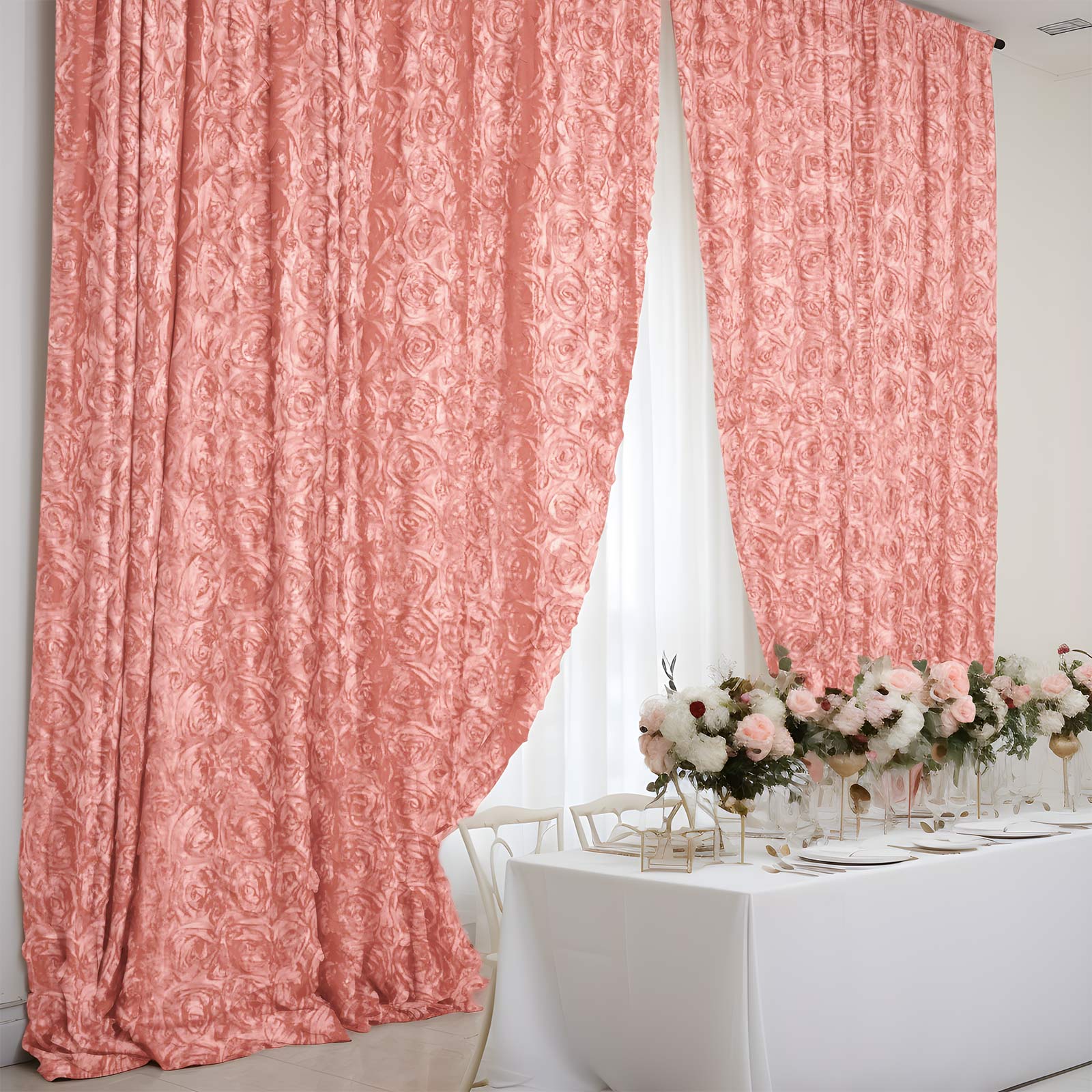 Dusty rose satin rosette event curtain drapes backdrop panel.