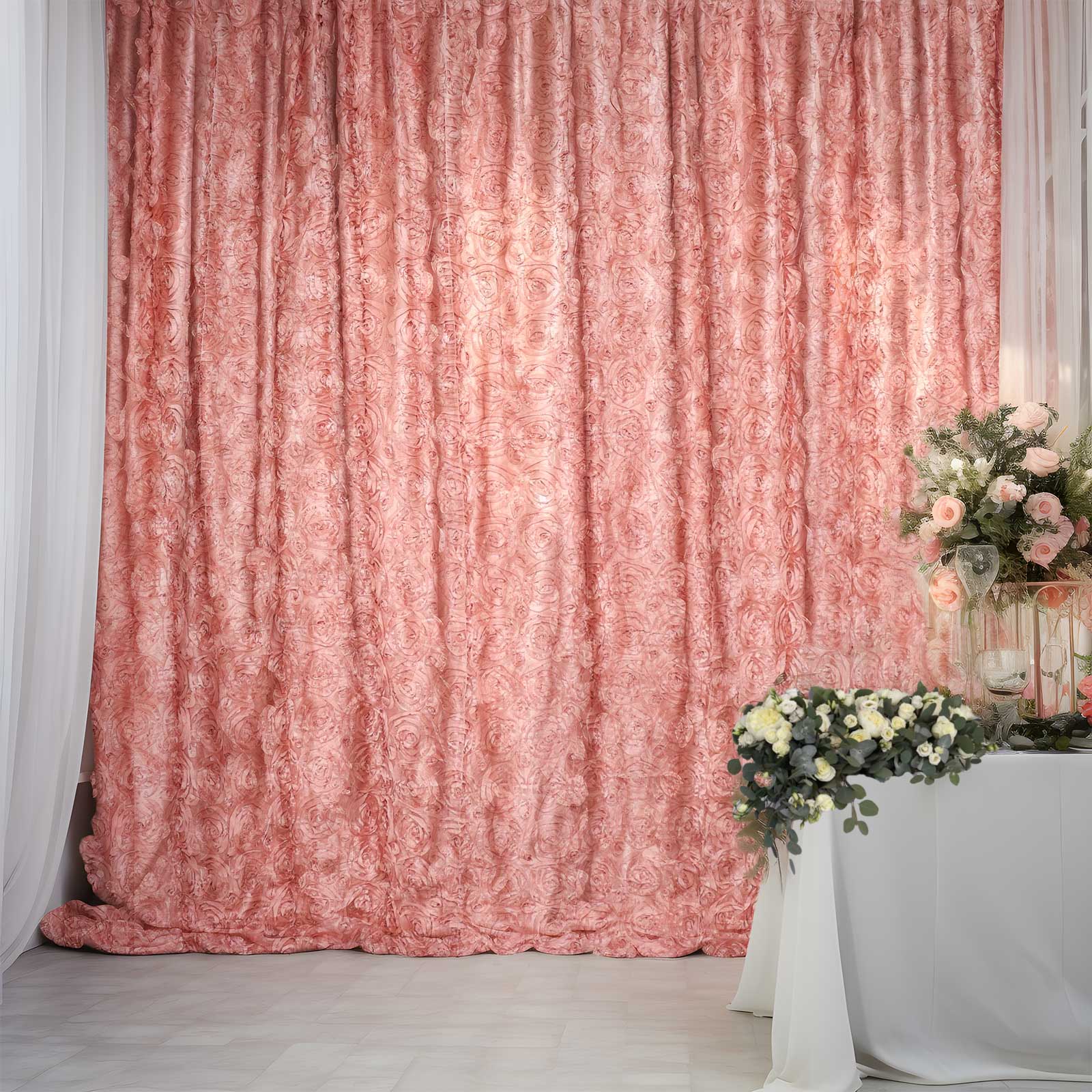 Dusty rose satin rosette event curtain drapes backdrop panel.