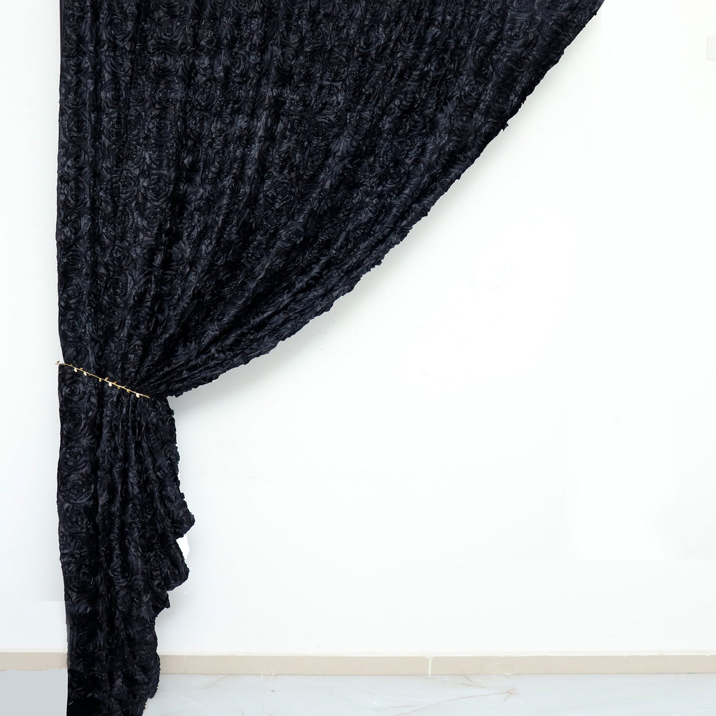 Black 8 Feet x 8 Feet Satin Rosette Backdrop Drapes