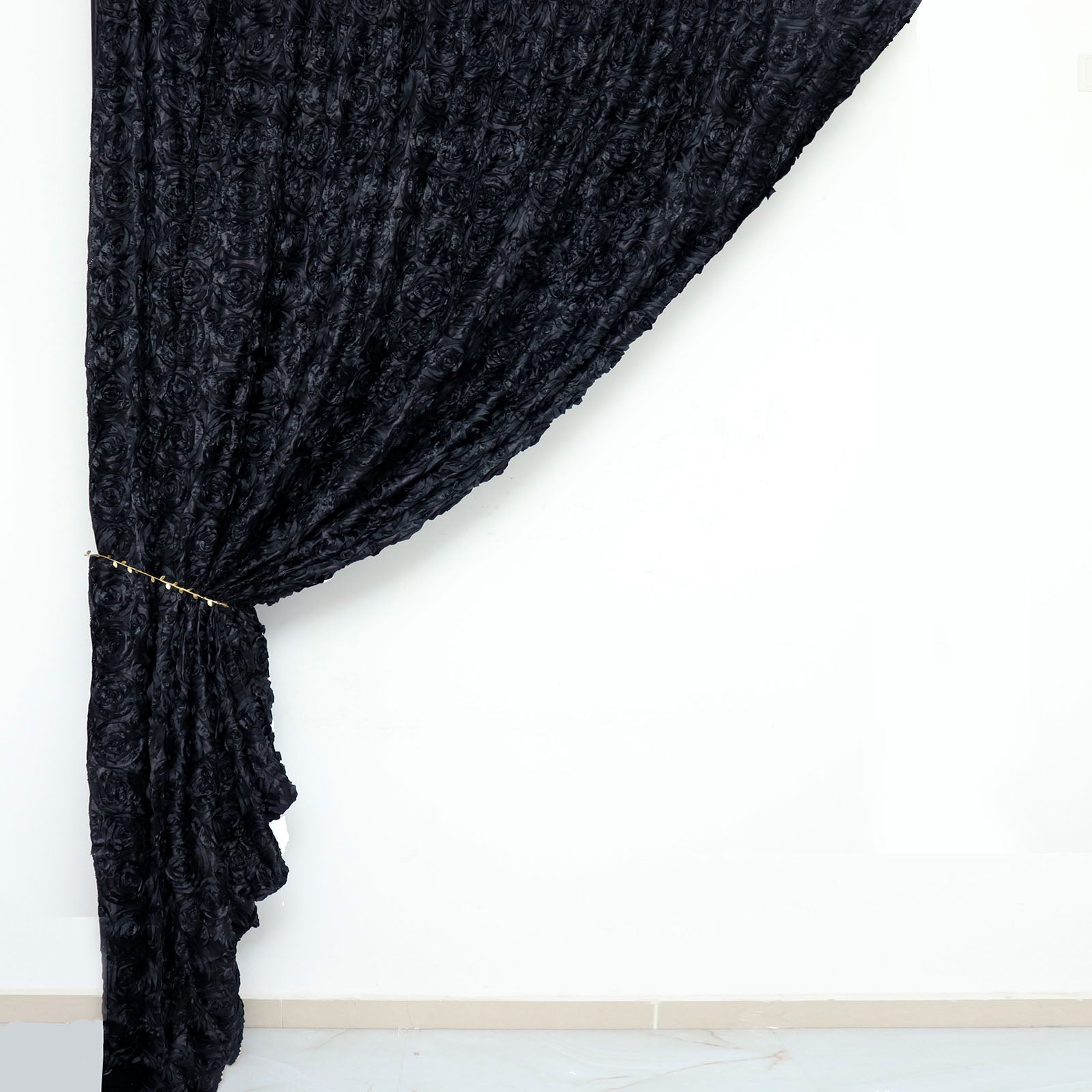 Black 8 Feet x 8 Feet Satin Rosette Backdrop Drapes