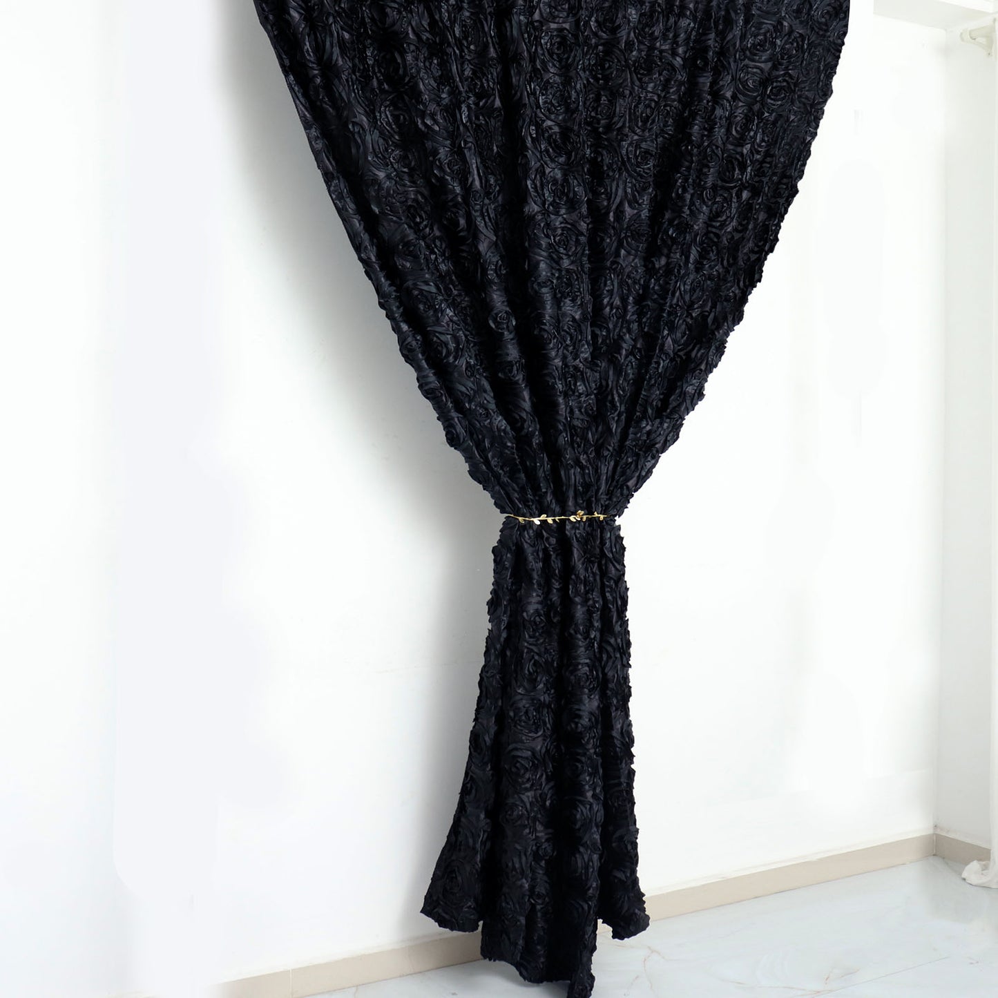 Black 8 Feet x 8 Feet Satin Rosette Backdrop Drapes