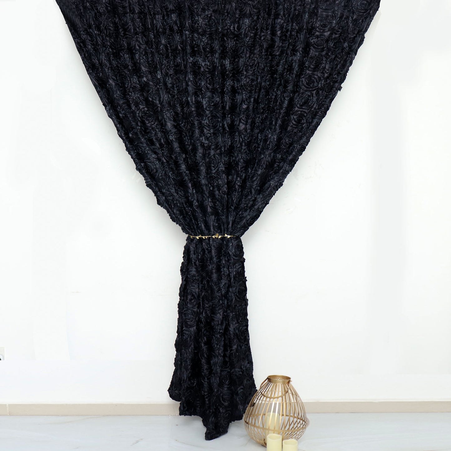Black 8 Feet x 8 Feet Satin Rosette Backdrop Drapes