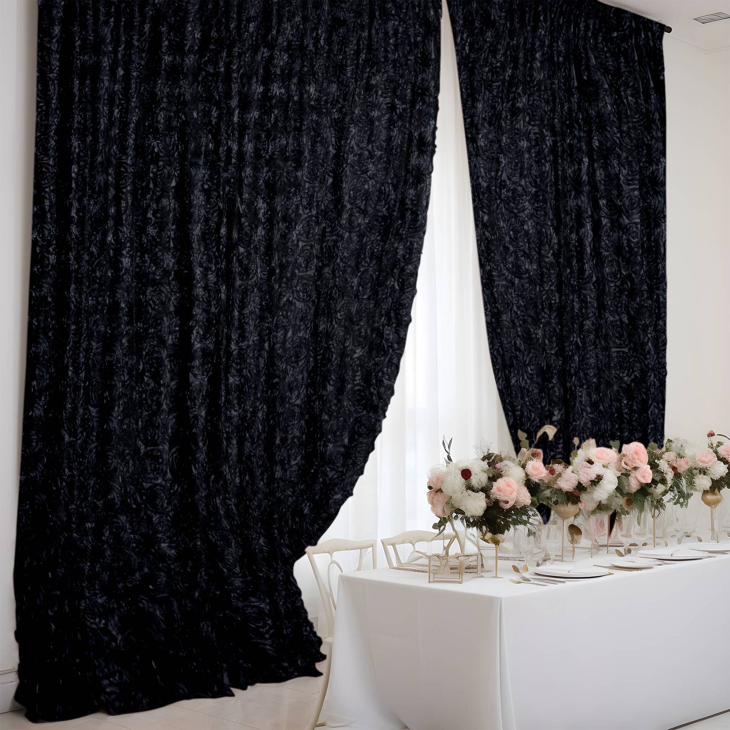 8ftx8ft Black Satin Rosette Event Curtain Drapes, Backdrop Event Panel