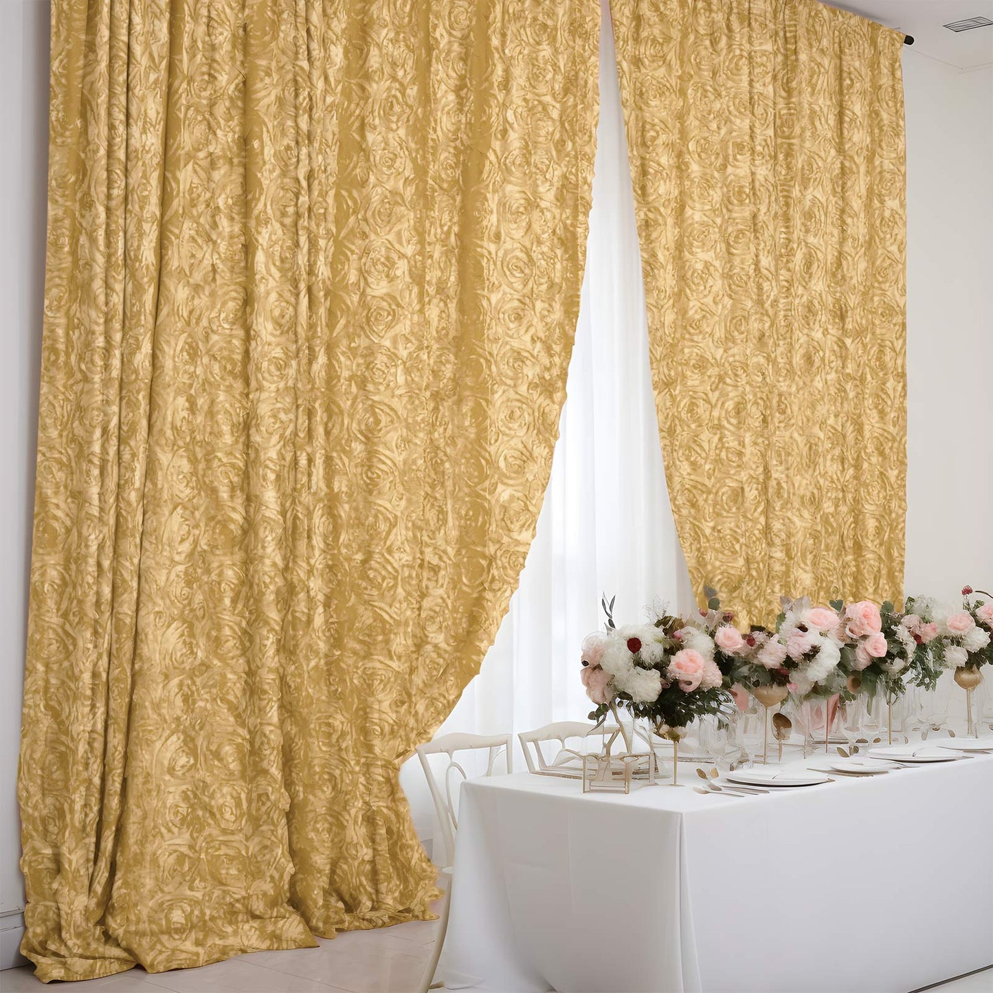 Champagne satin rosette event curtain drapes backdrop panel.