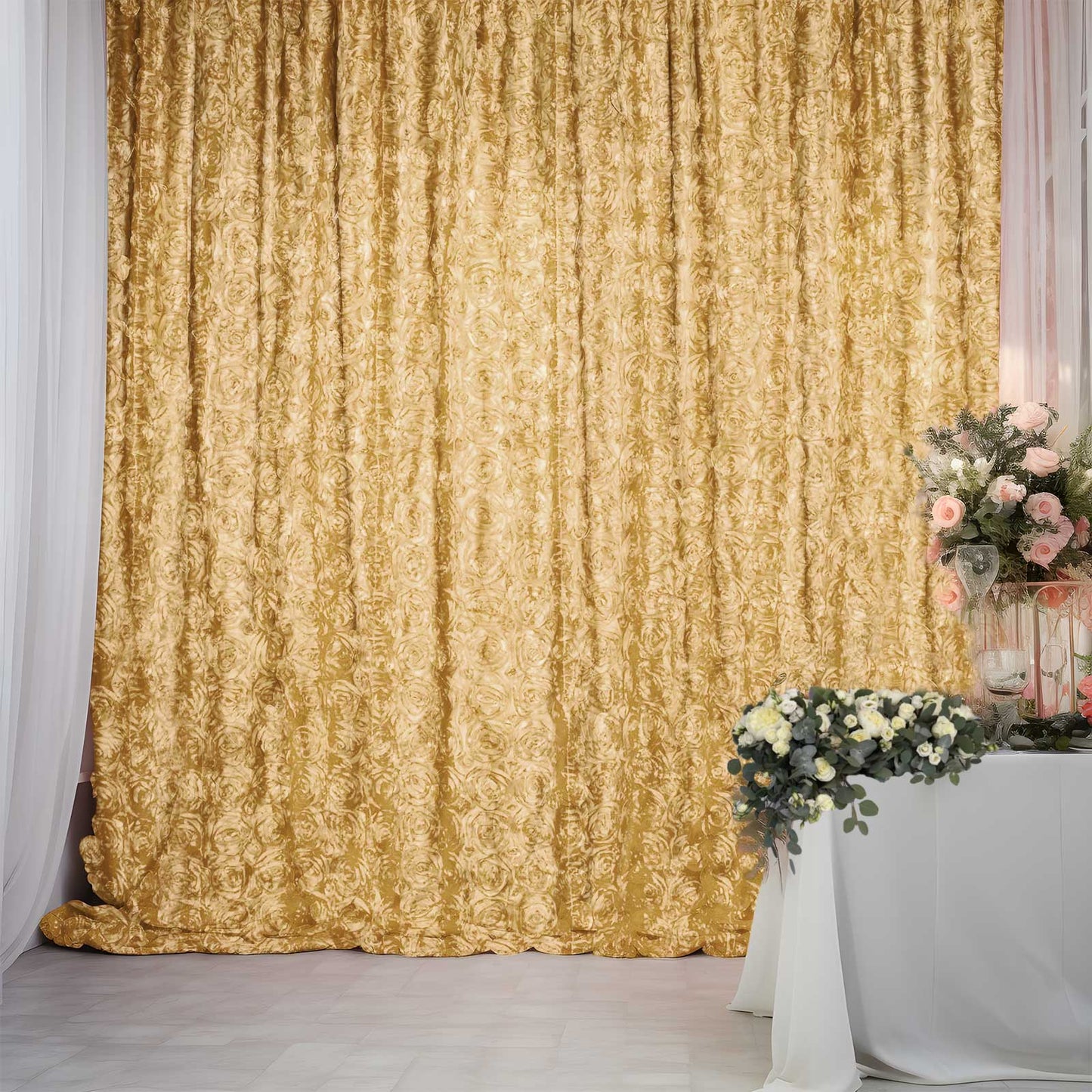 Champagne satin rosette event curtain drapes backdrop panel