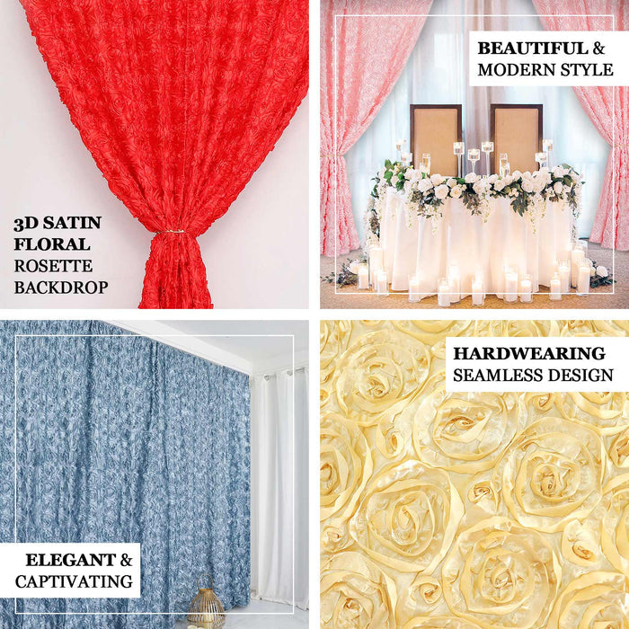 Ivory satin rosette event curtain drapes, elegant backdrop for events.