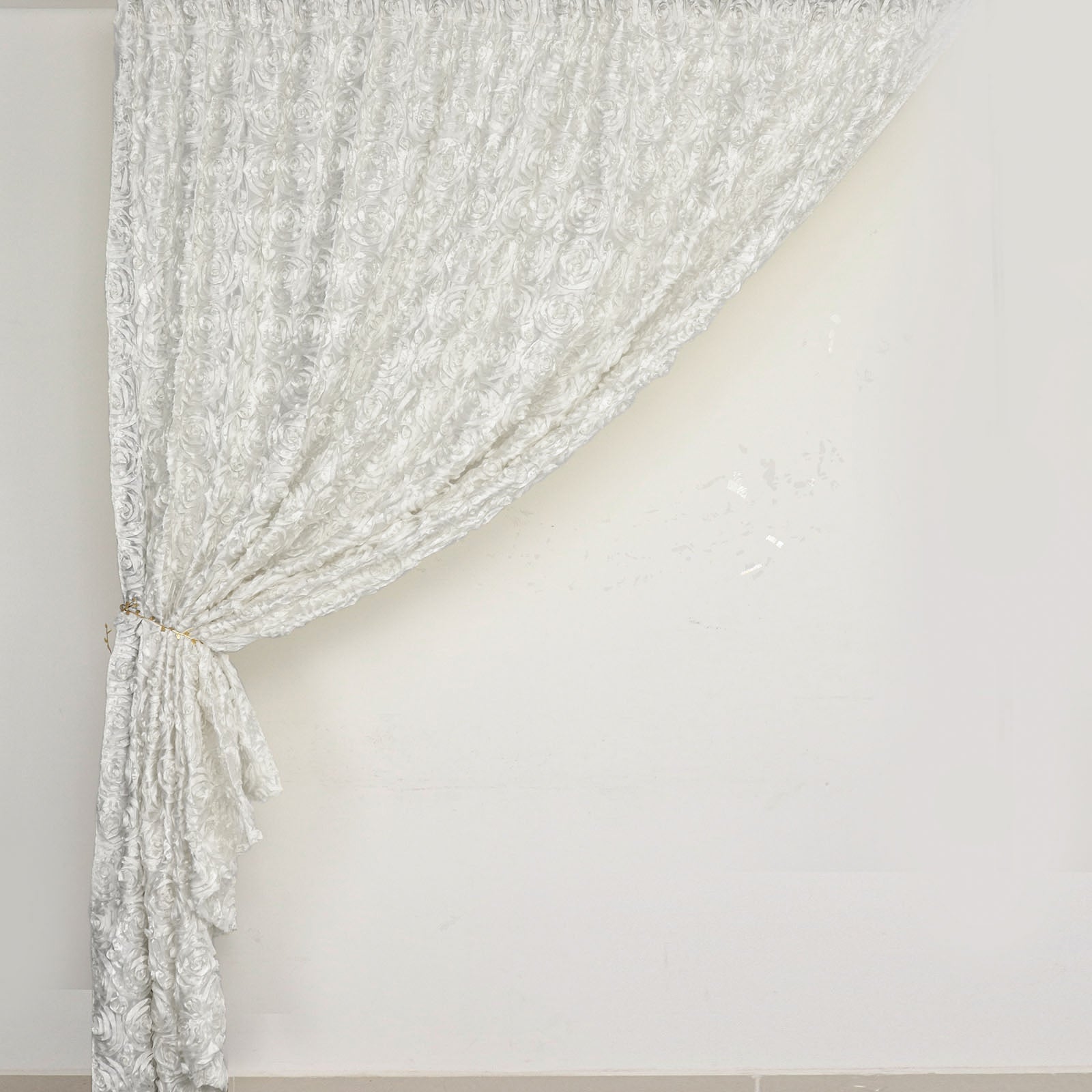 Ivory satin rosette event curtain drapes, 8ft x 8ft backdrop panel.