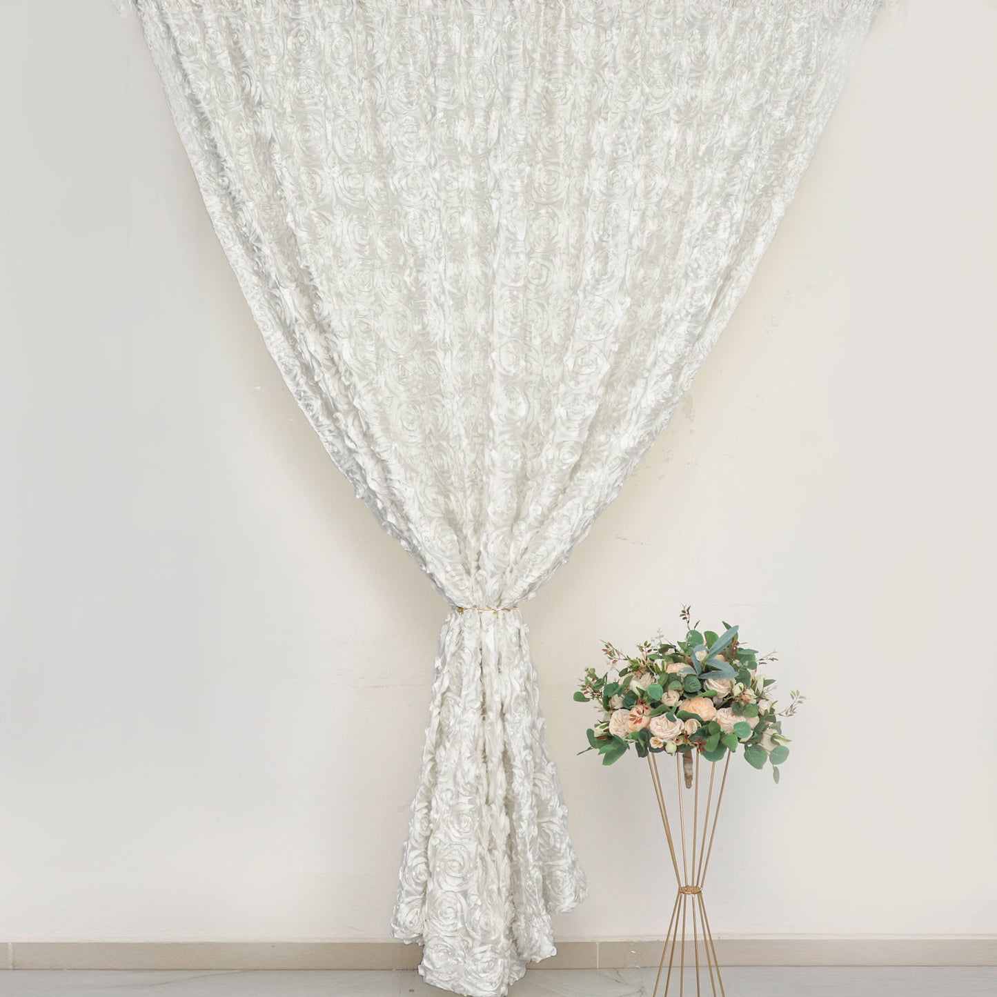 Ivory satin rosette backdrop event curtain drapes, 8ftx8ft.