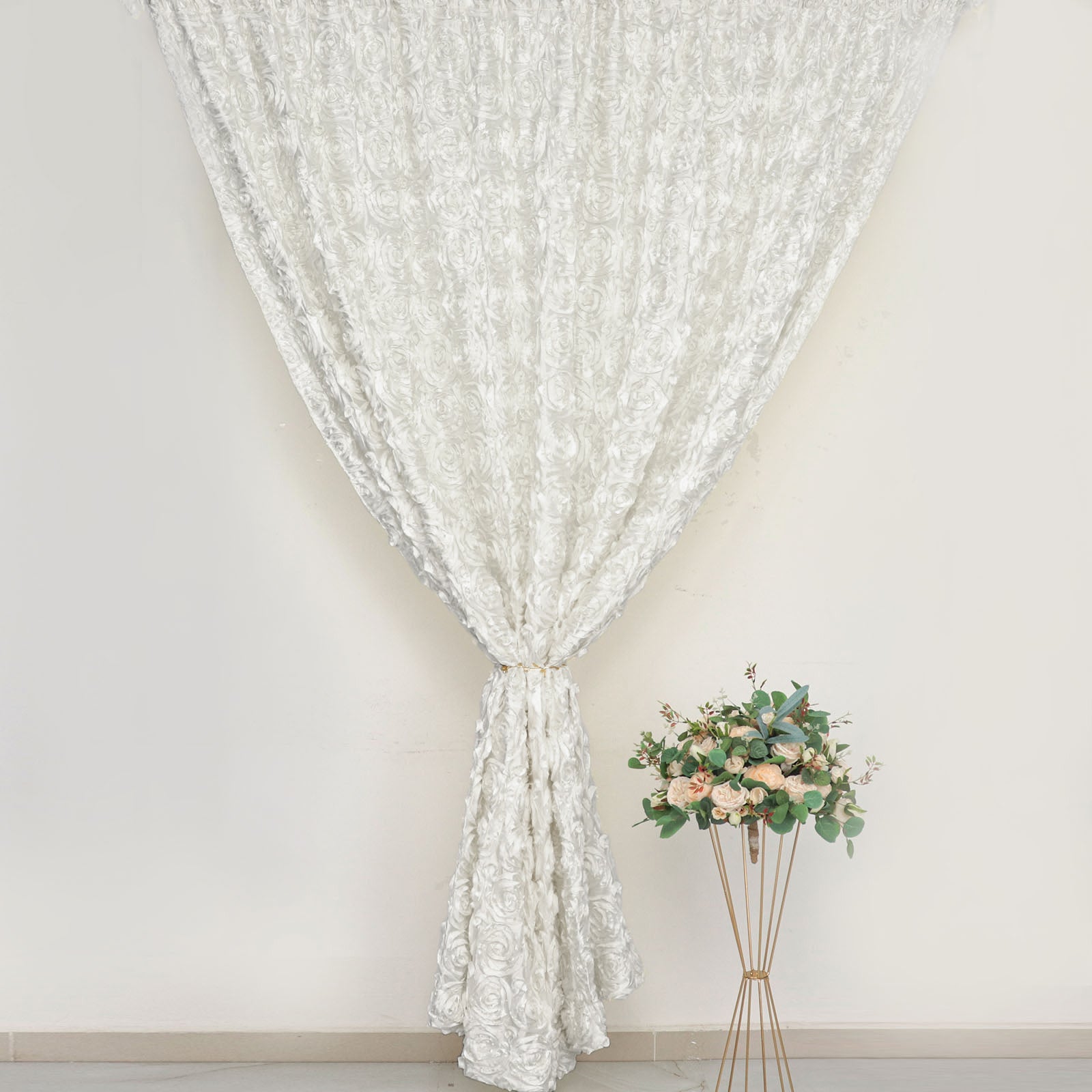 Ivory satin rosette backdrop event curtain drapes, 8ftx8ft.