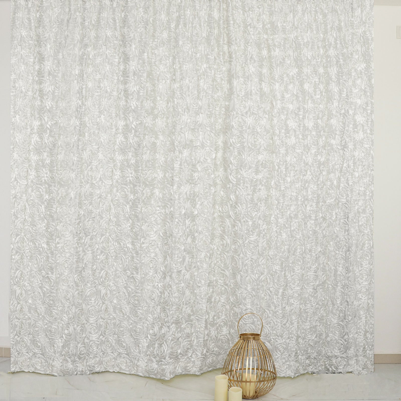 Ivory satin rosette event curtain drapes backdrop panel.
