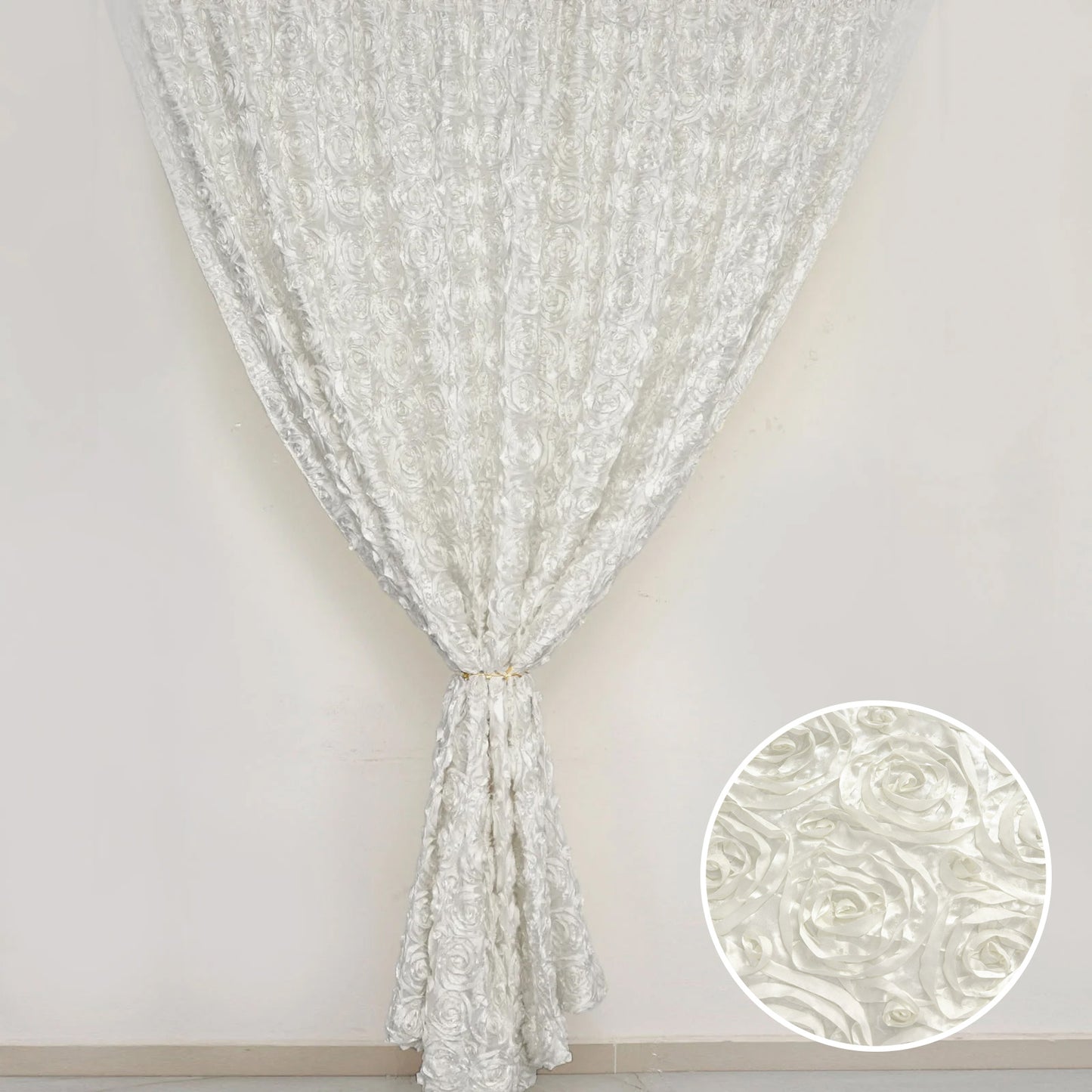 Ivory satin rosette event curtain drapes backdrop panel #whtbkgd