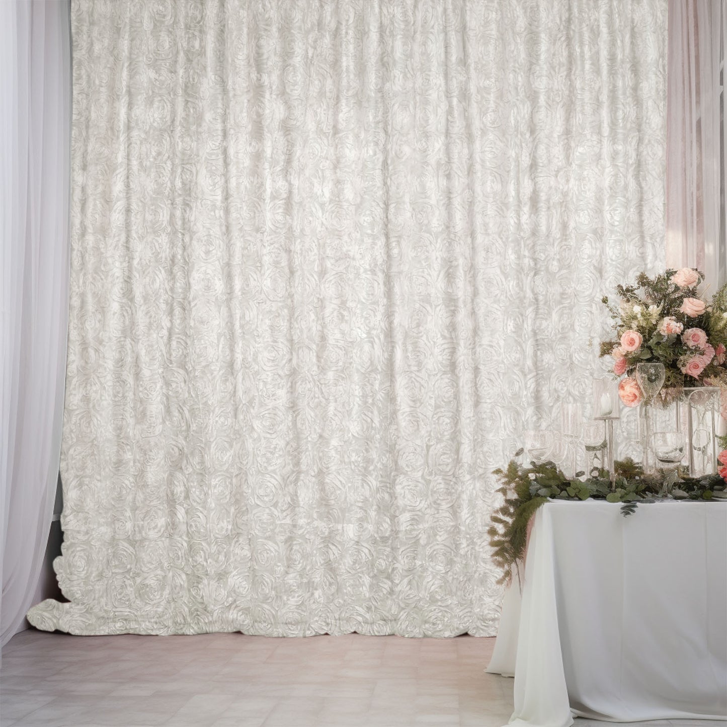 Ivory satin rosette event curtain drapes backdrop panel.