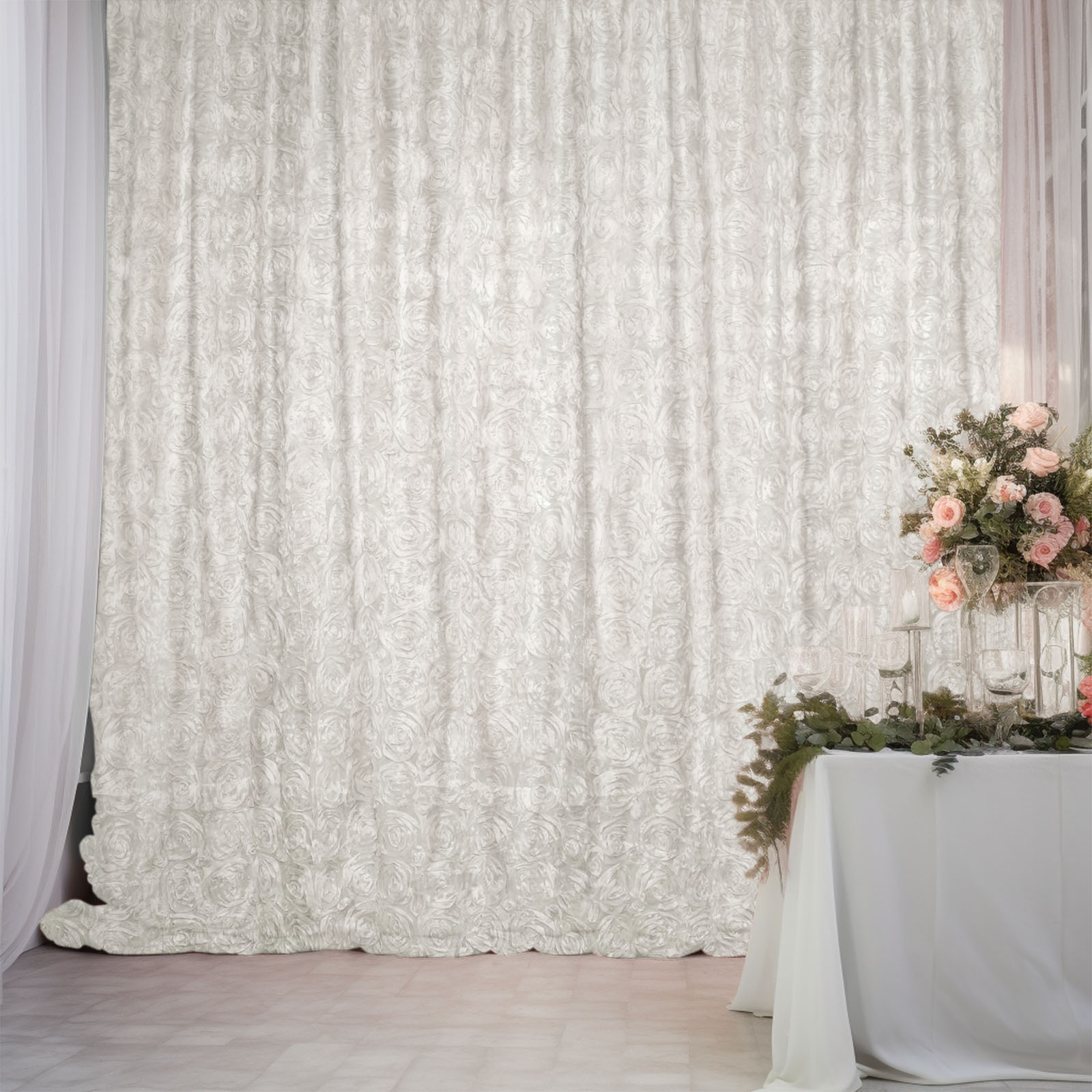 Ivory satin rosette event curtain drapes backdrop panel.