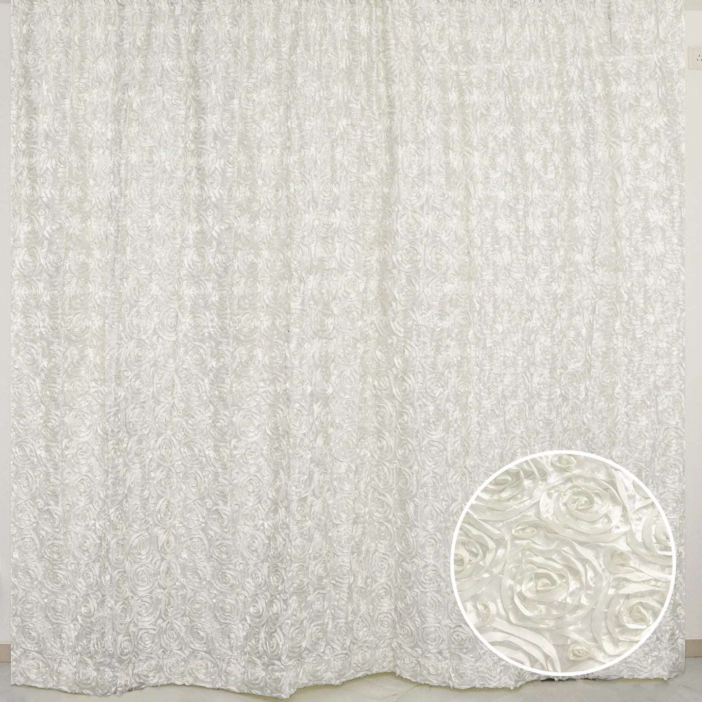Ivory satin rosette event curtain drapes backdrop panel, 8ftx8ft.