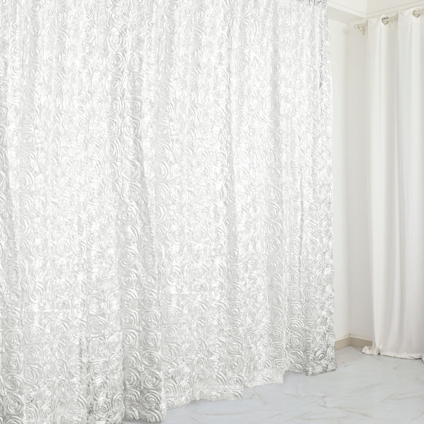 White 8 Feet x 8 Feet Satin Rosette Backdrop Drapes