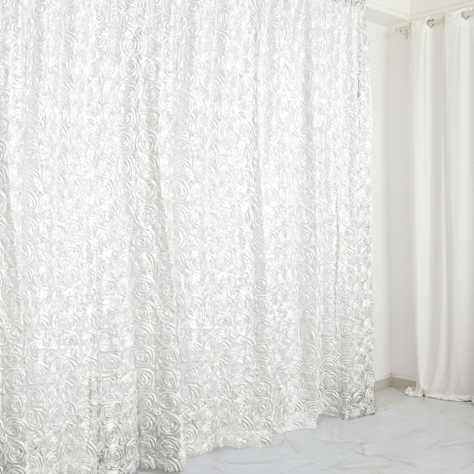 White 8 Feet x 8 Feet Satin Rosette Backdrop Drapes