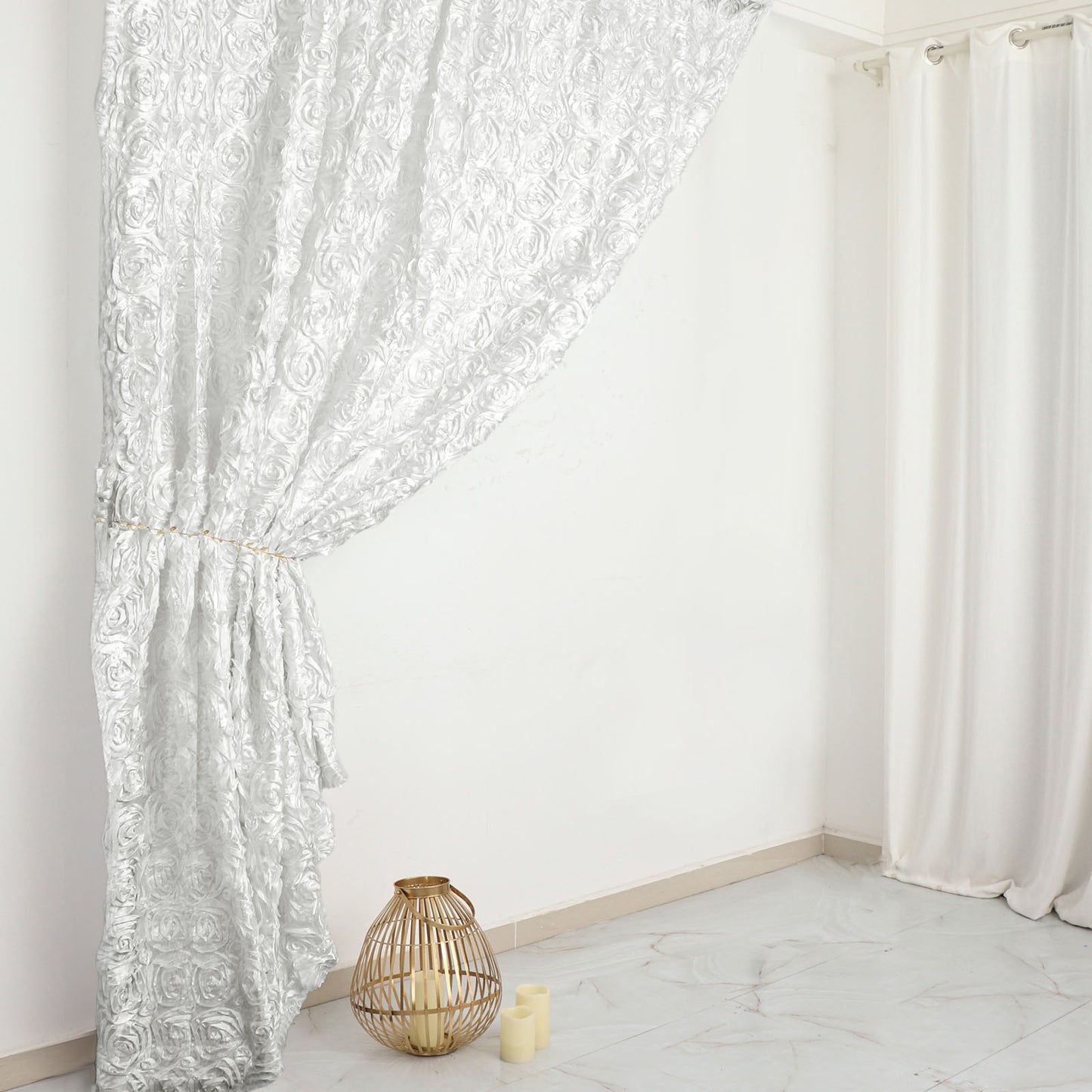 White 8 Feet x 8 Feet Satin Rosette Backdrop Drapes