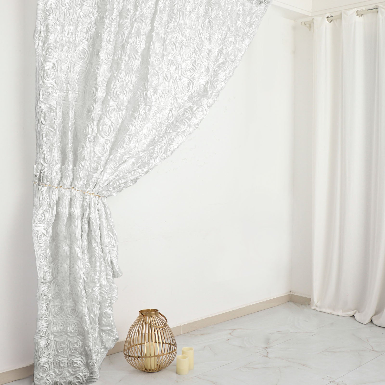 White 8 Feet x 8 Feet Satin Rosette Backdrop Drapes