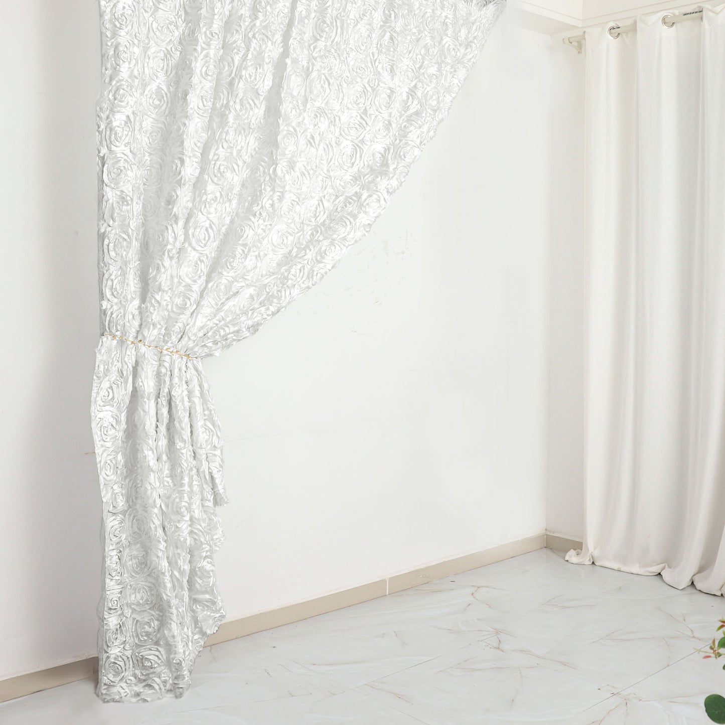 White 8 Feet x 8 Feet Satin Rosette Backdrop Drapes