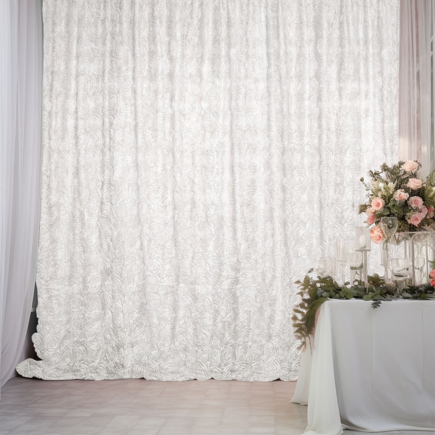White 8 Feet x 8 Feet Satin Rosette Backdrop Drapes