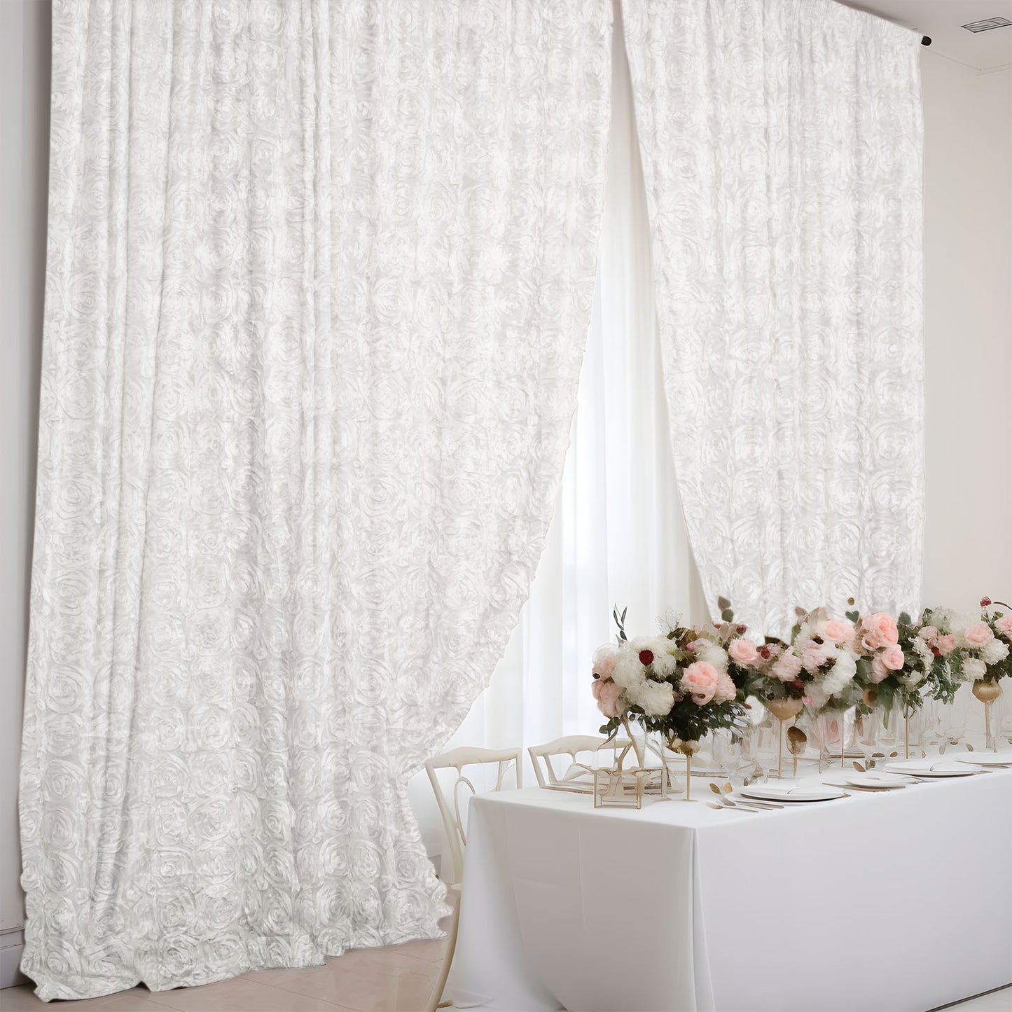 White 8 Feet x 8 Feet Satin Rosette Backdrop Drapes