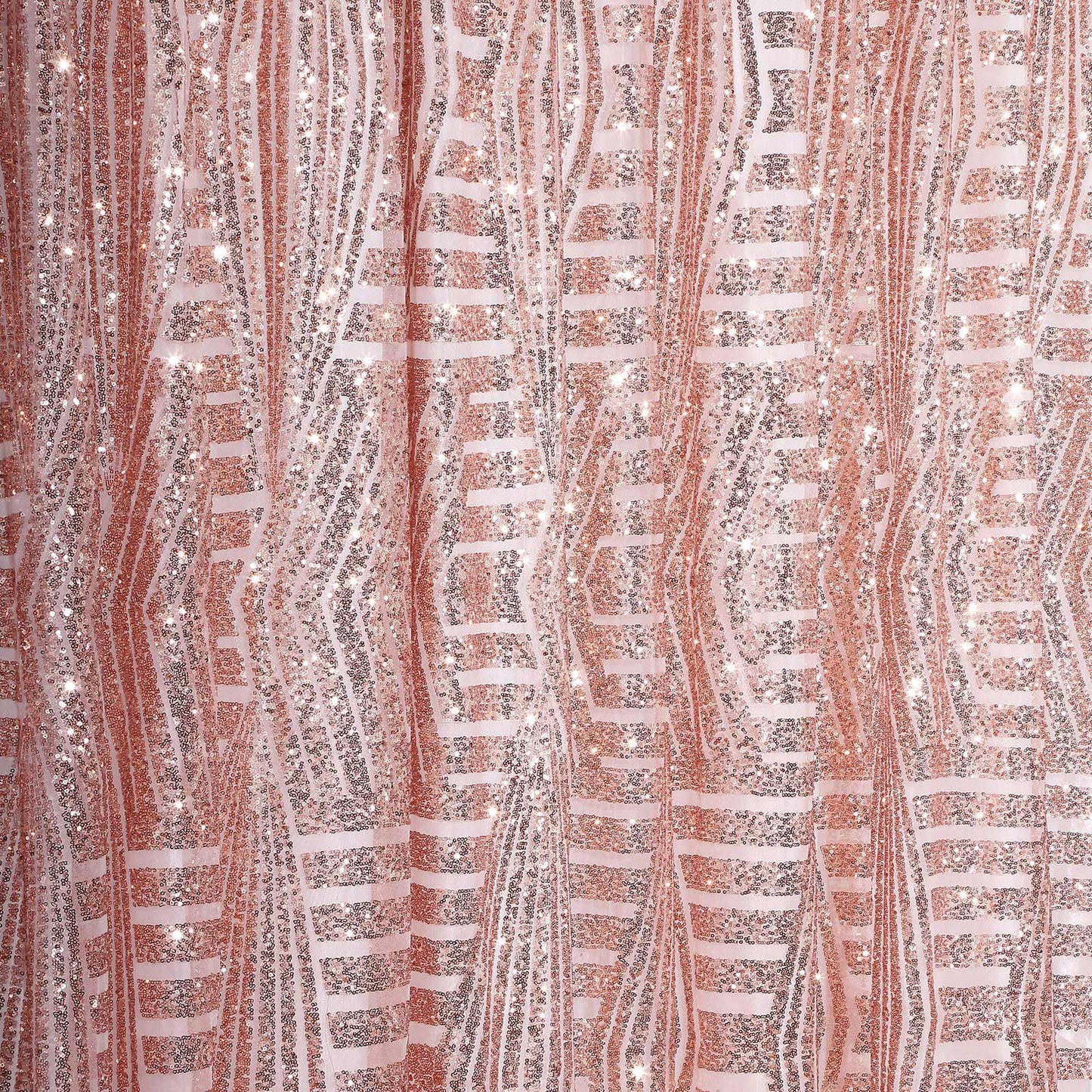 Rose gold geometric sequin curtain drapes with satin backing, sparkly backdrop.