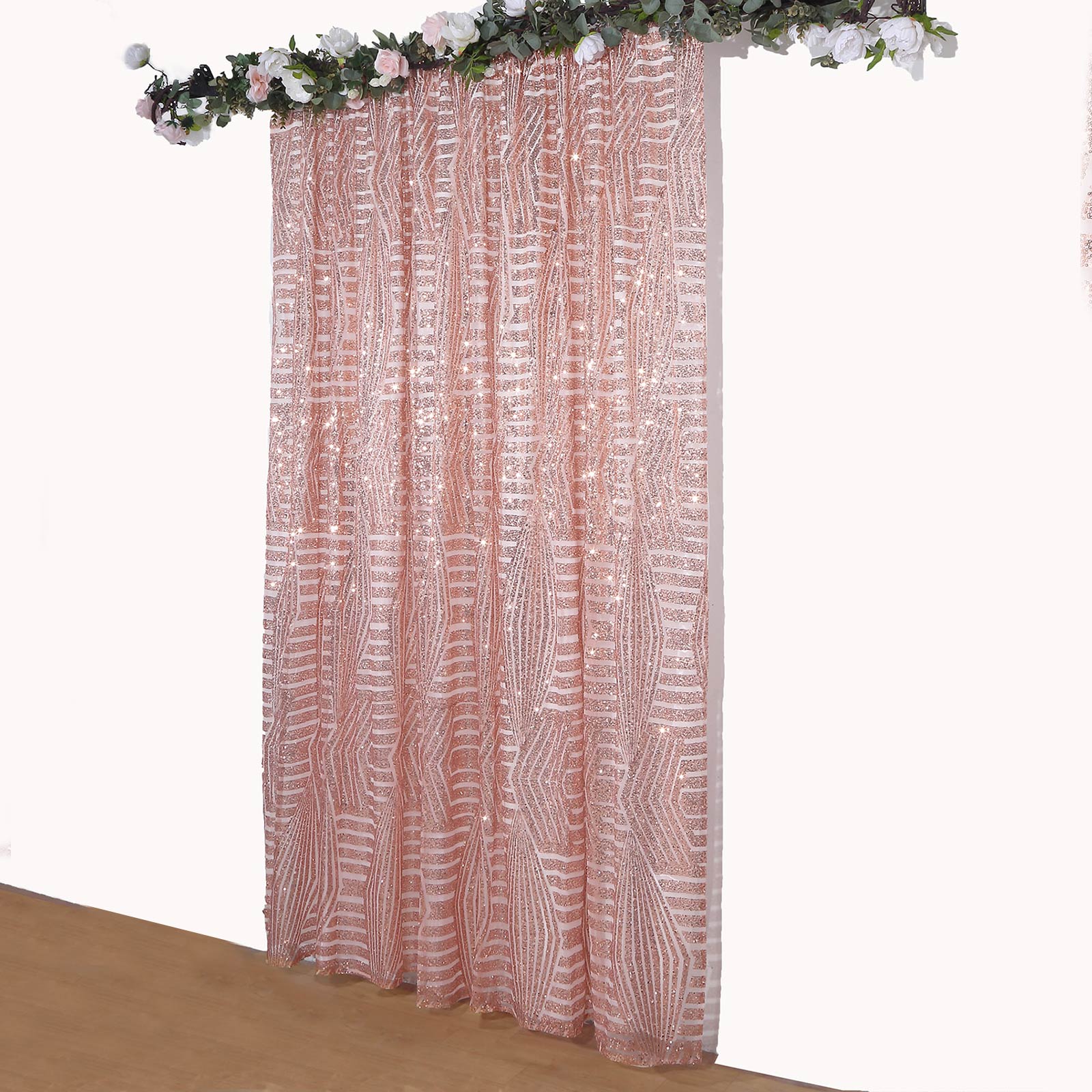 Rose gold geometric sequin event curtain drapes with satin backing.