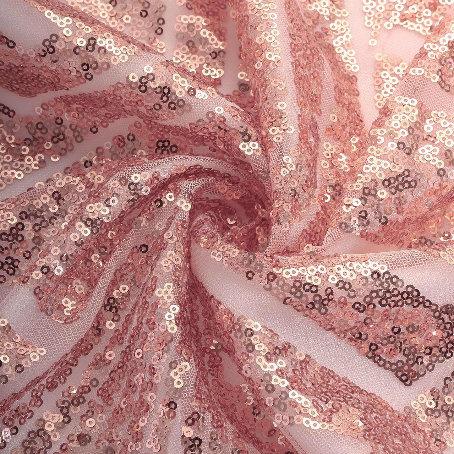 Rose gold geometric sequin backdrop drape with satin backing.