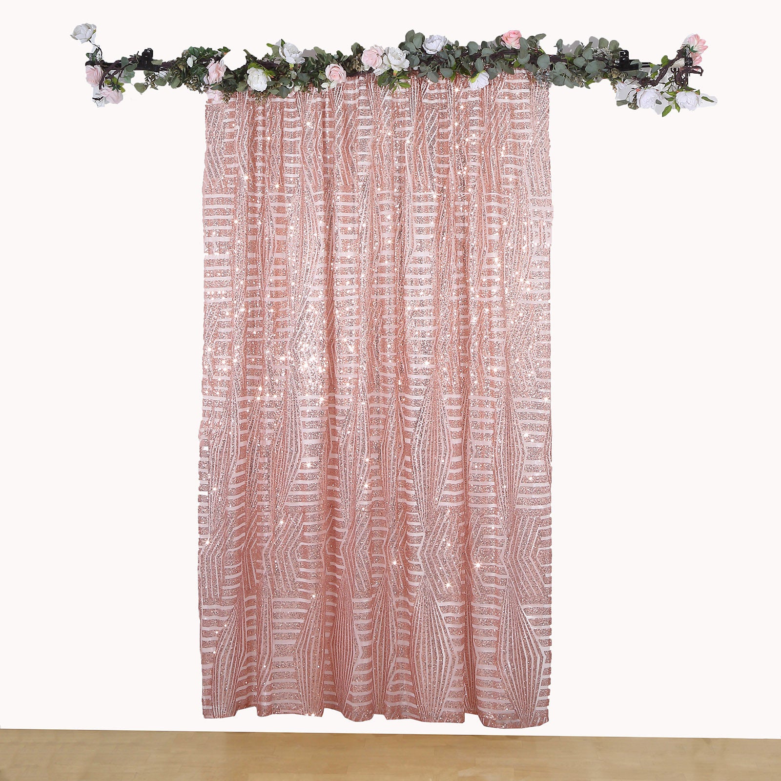 Rose gold geometric sequin curtain drapes with satin backing.