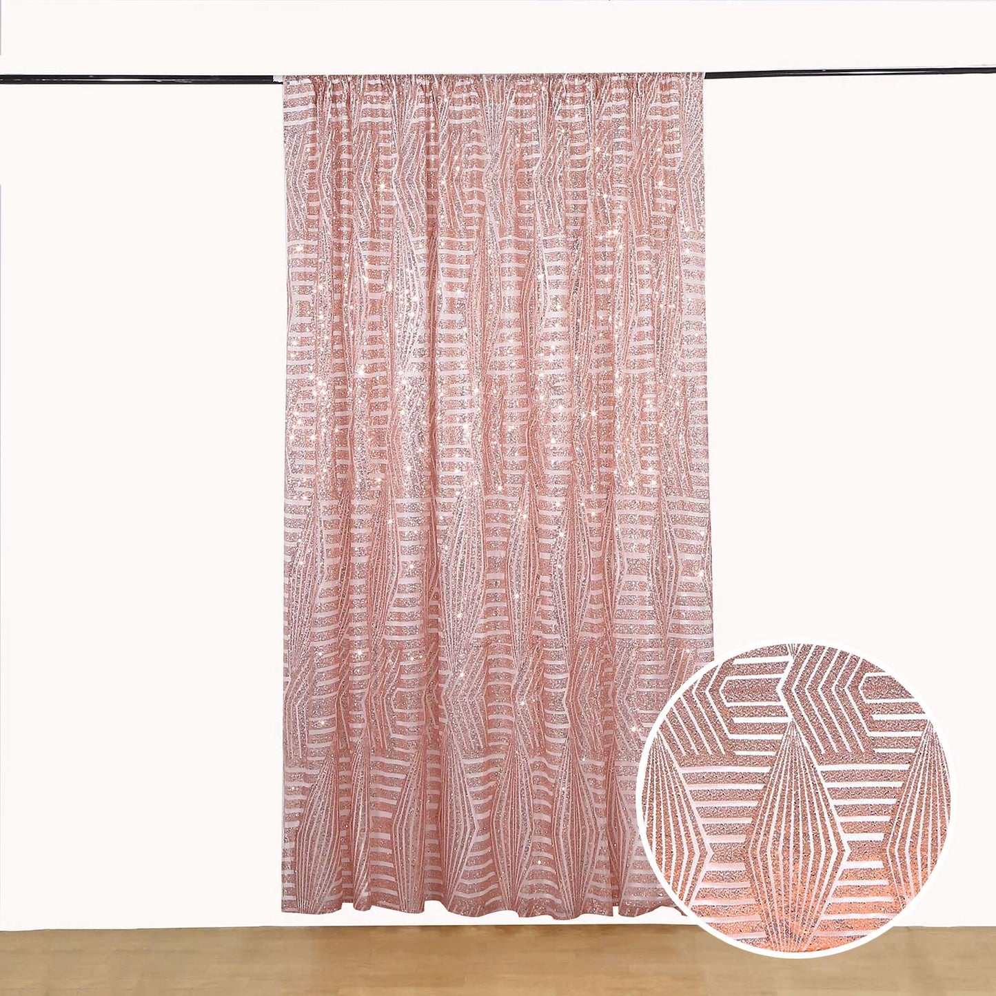 Rose gold geometric sequin curtain drape with satin backing.