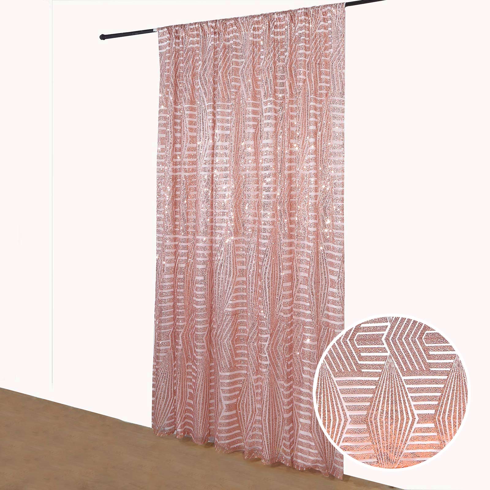 Rose gold geometric sequin event curtain drapes with satin backing.