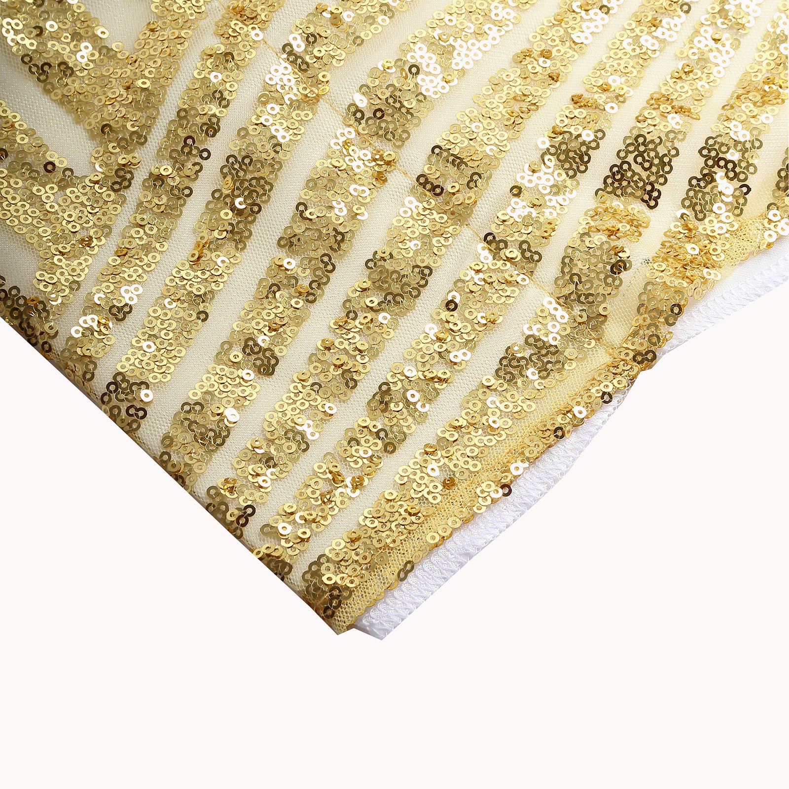 Gold geometric sequin event curtain drapes with satin backing.