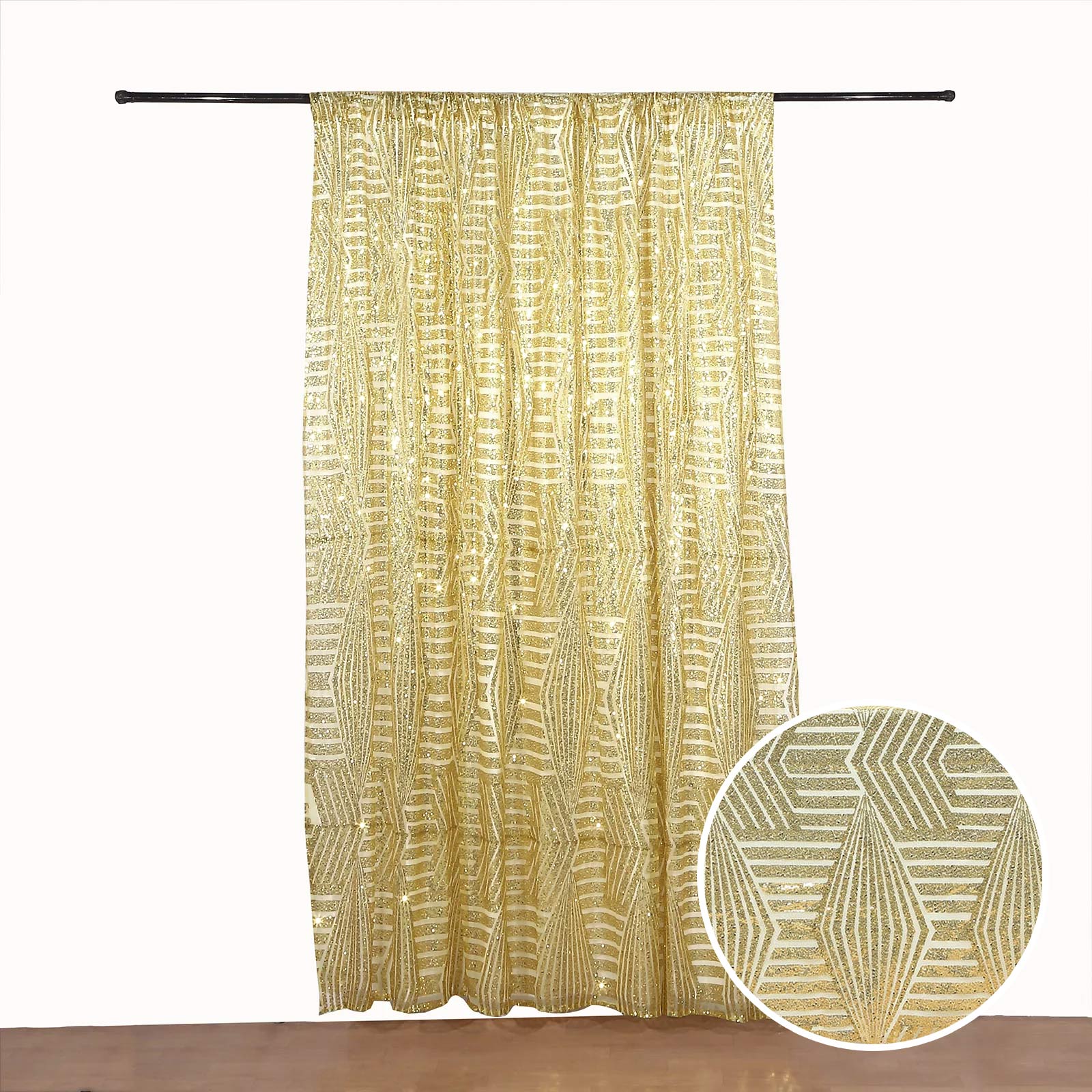 Gold geometric sequin backdrop curtain with satin backing.