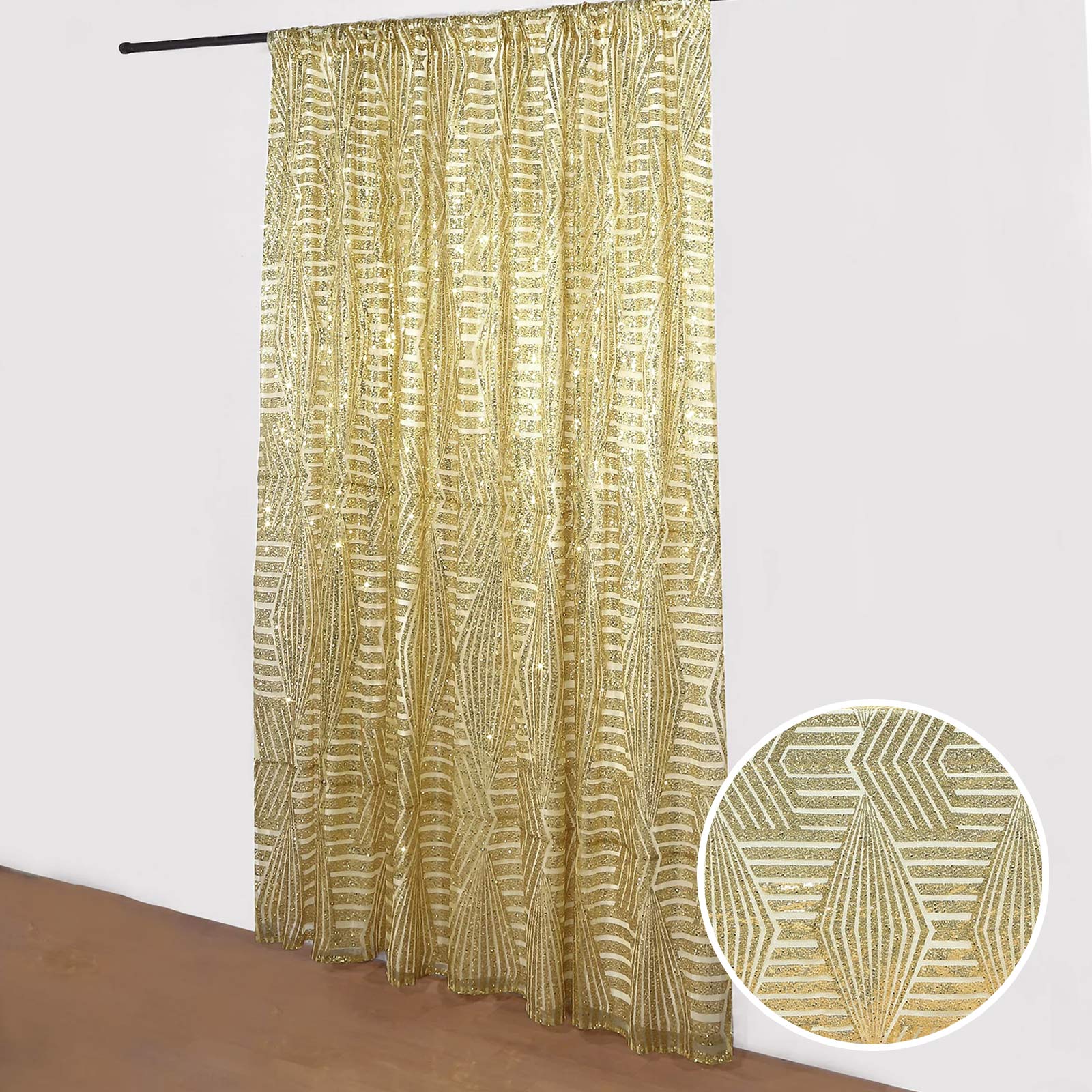 8ftx8ft gold sequin curtain drapes with satin backing in diamond glitz pattern.