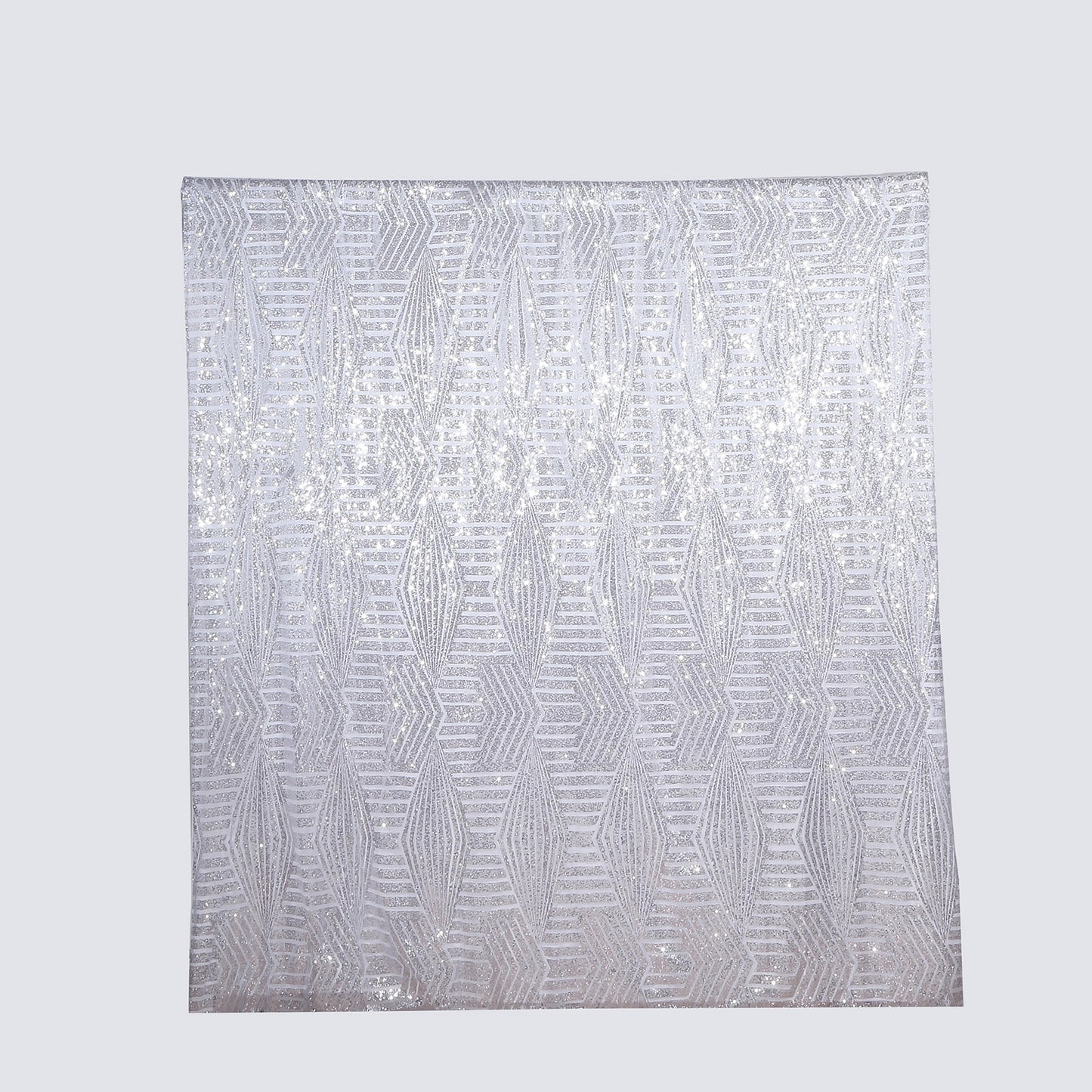 Silver geometric sequin event curtain drapes with satin backing.