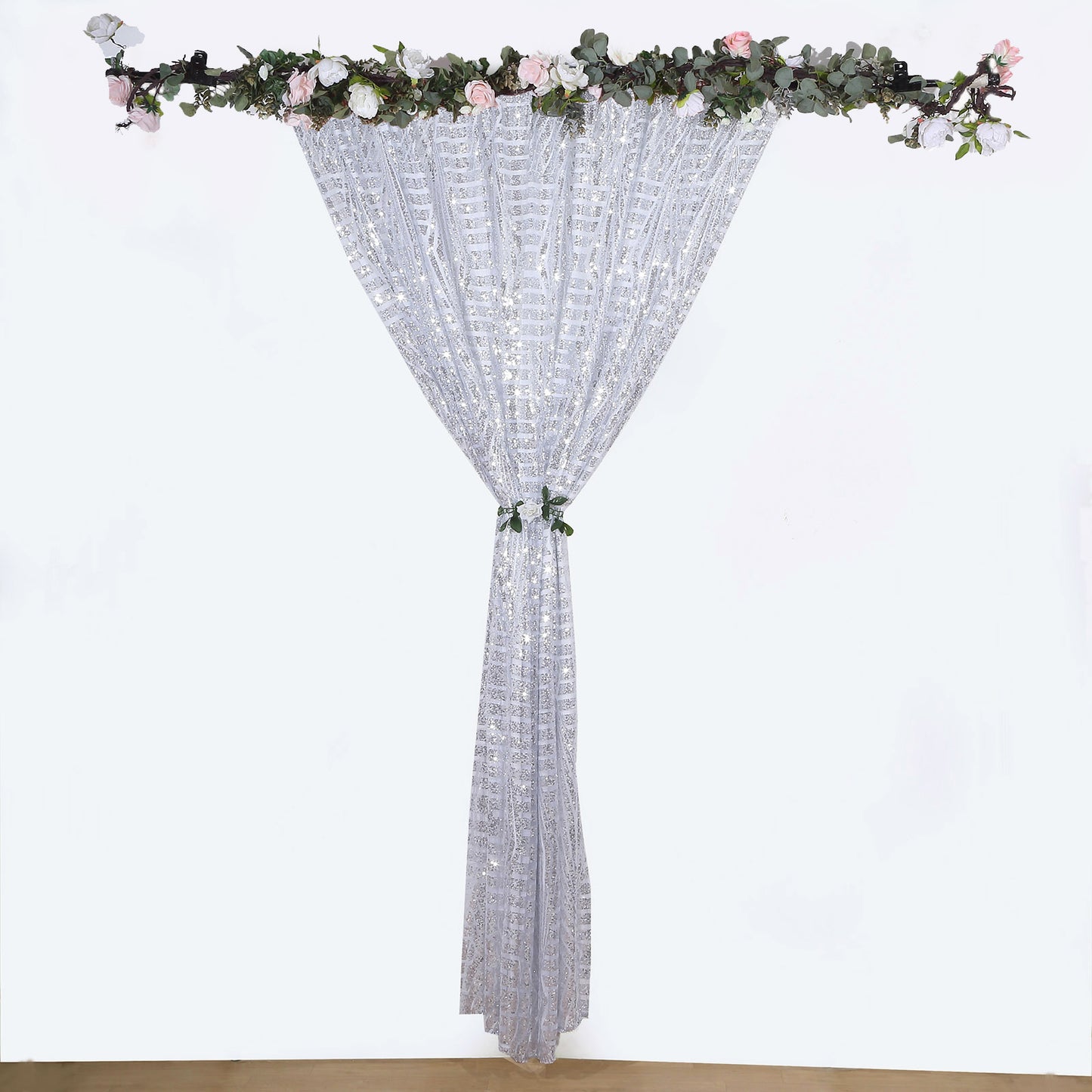 8ftx8ft silver geometric sequin curtain drapes with satin backing.