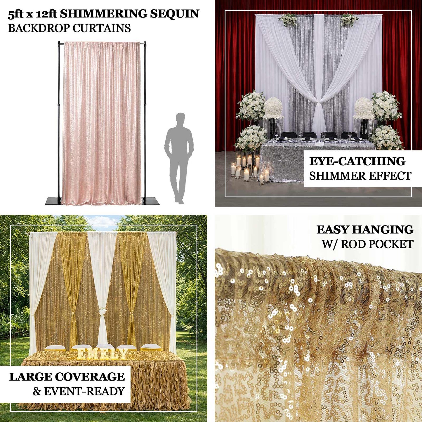 Silver sequin backdrop curtain for events and photo booths, 5ft x 12ft.