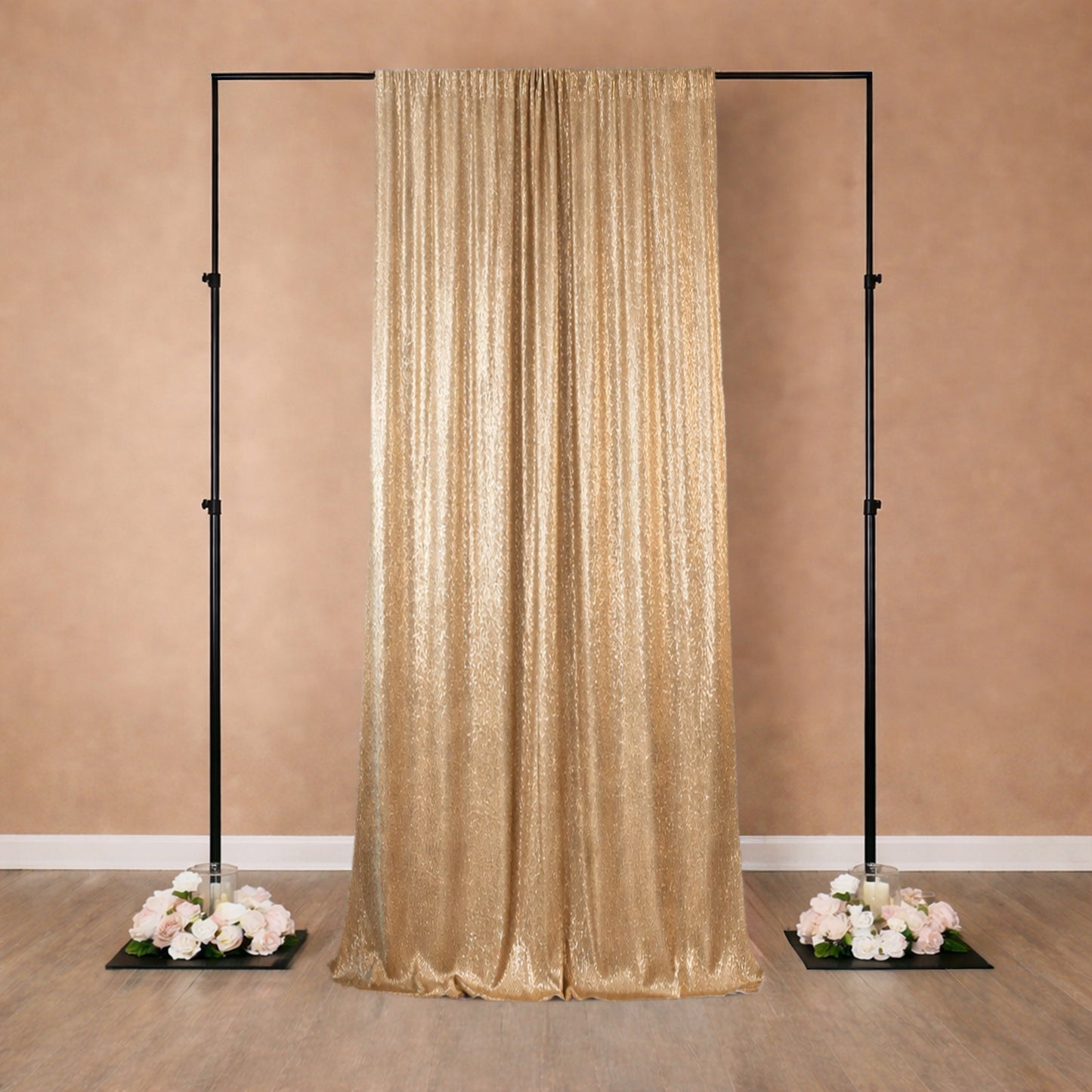 Gold sequin backdrop curtain for events and photo booths, 5ft x 12ft.