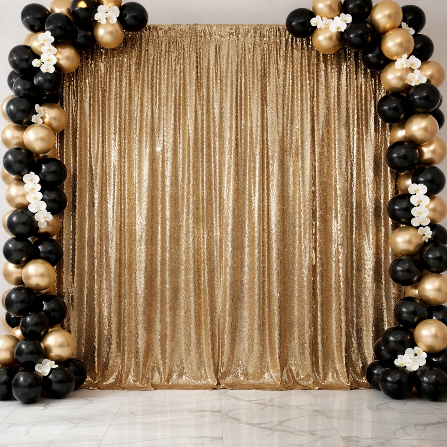 Gold sequin backdrop curtain with rod pocket for events and photo booths.