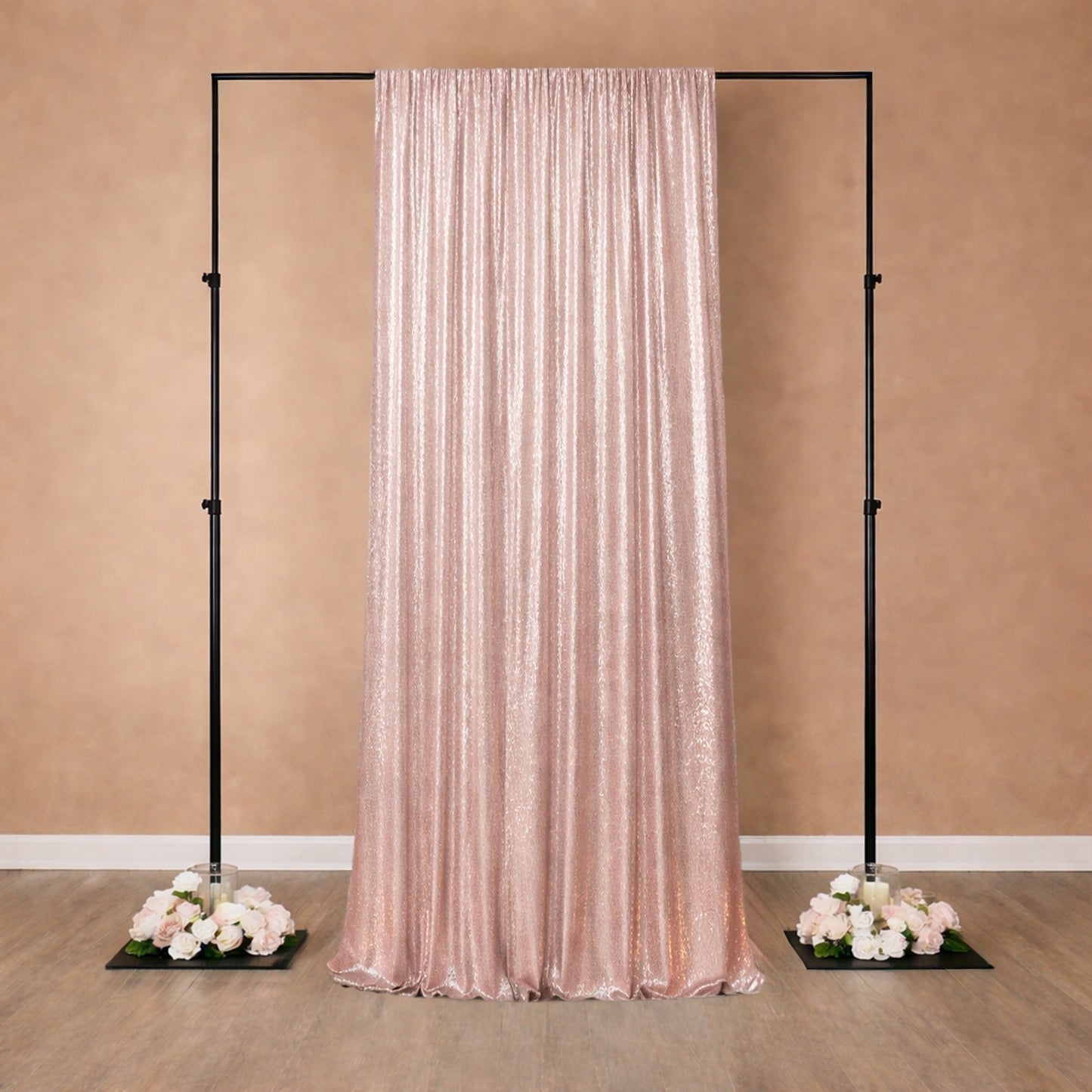 Pink sequin backdrop curtain with rod pocket for events and photo booths.