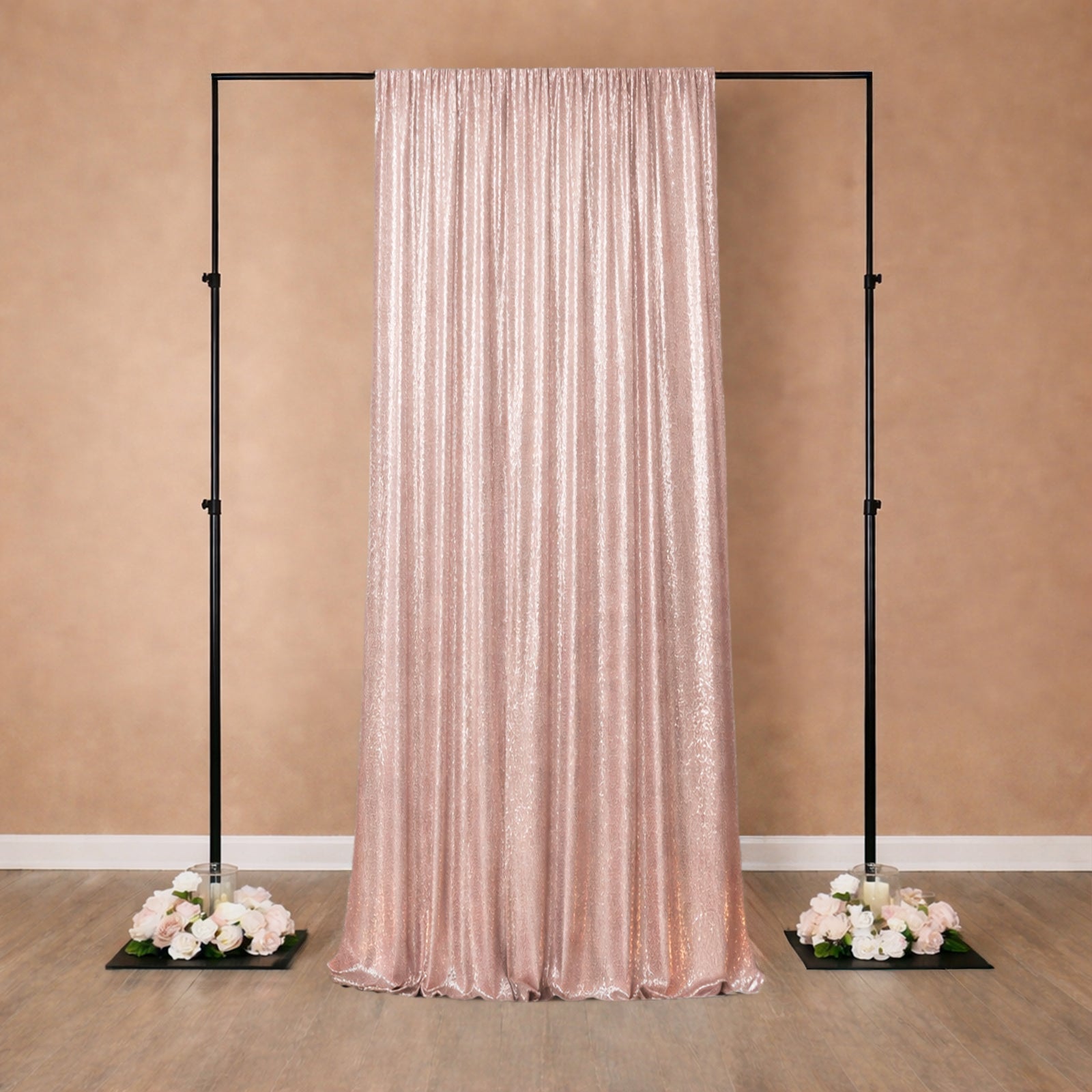 Pink sequin backdrop curtain with rod pocket for events and photo booths.