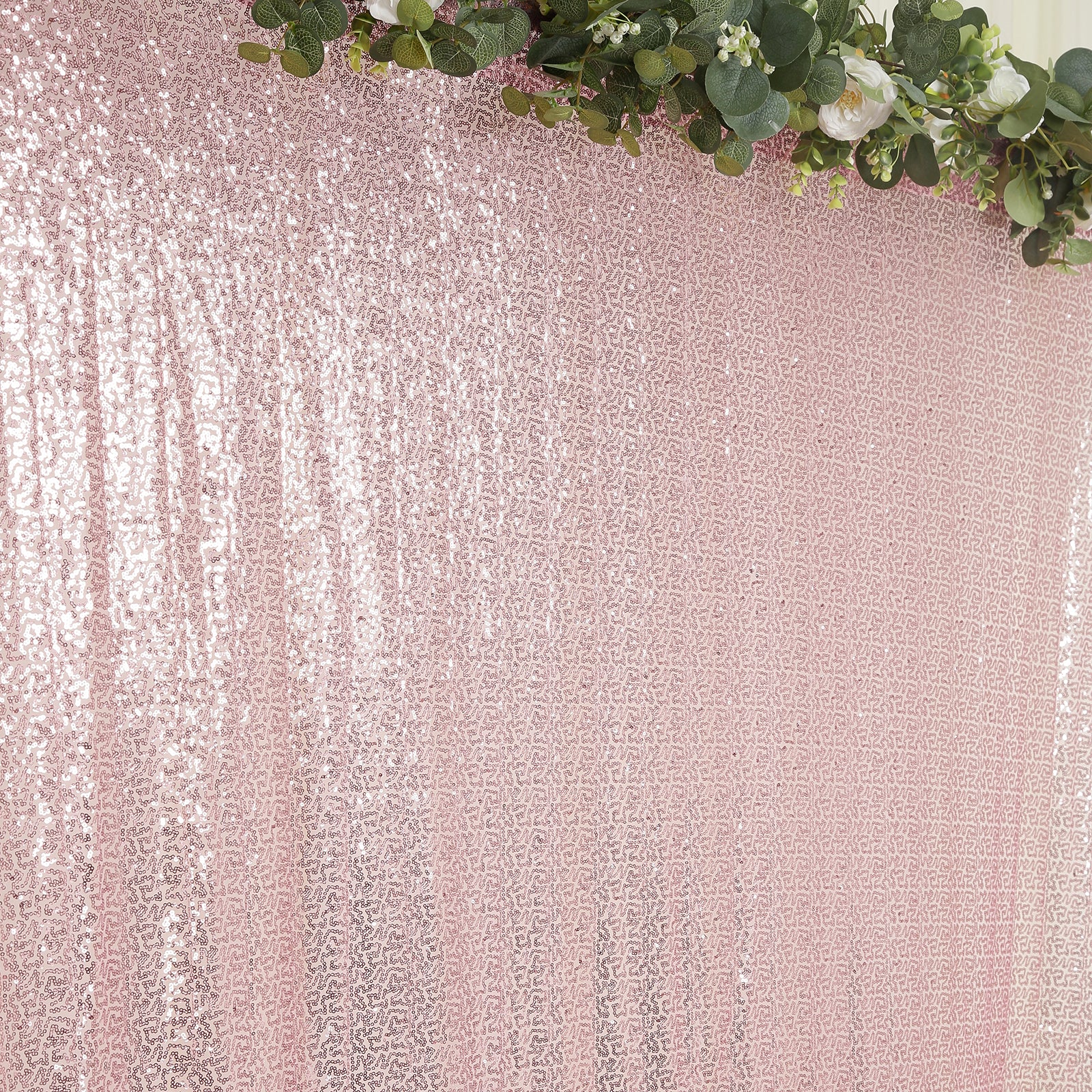 Pink sequin backdrop curtain with rod pocket for events and photo booths.