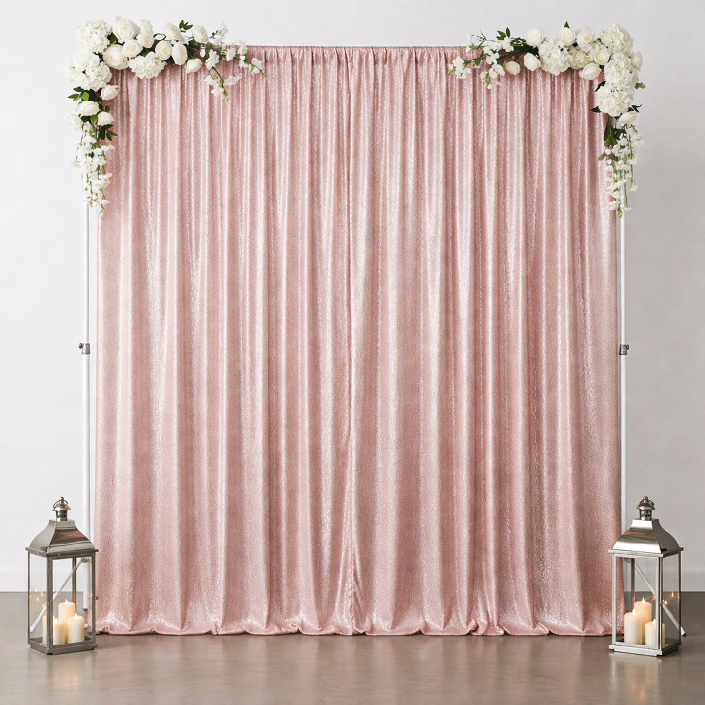 Pink sequin backdrop curtain with rod pocket for events and photo booths.