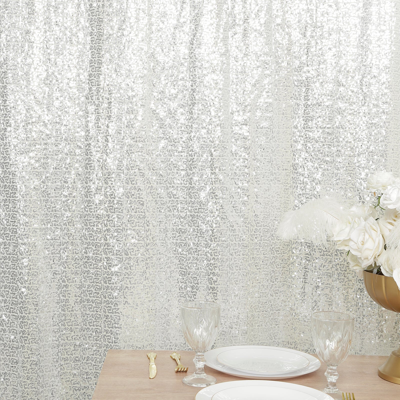 Silver sequin backdrop curtain for events and photo booths, 5ft x 12ft.