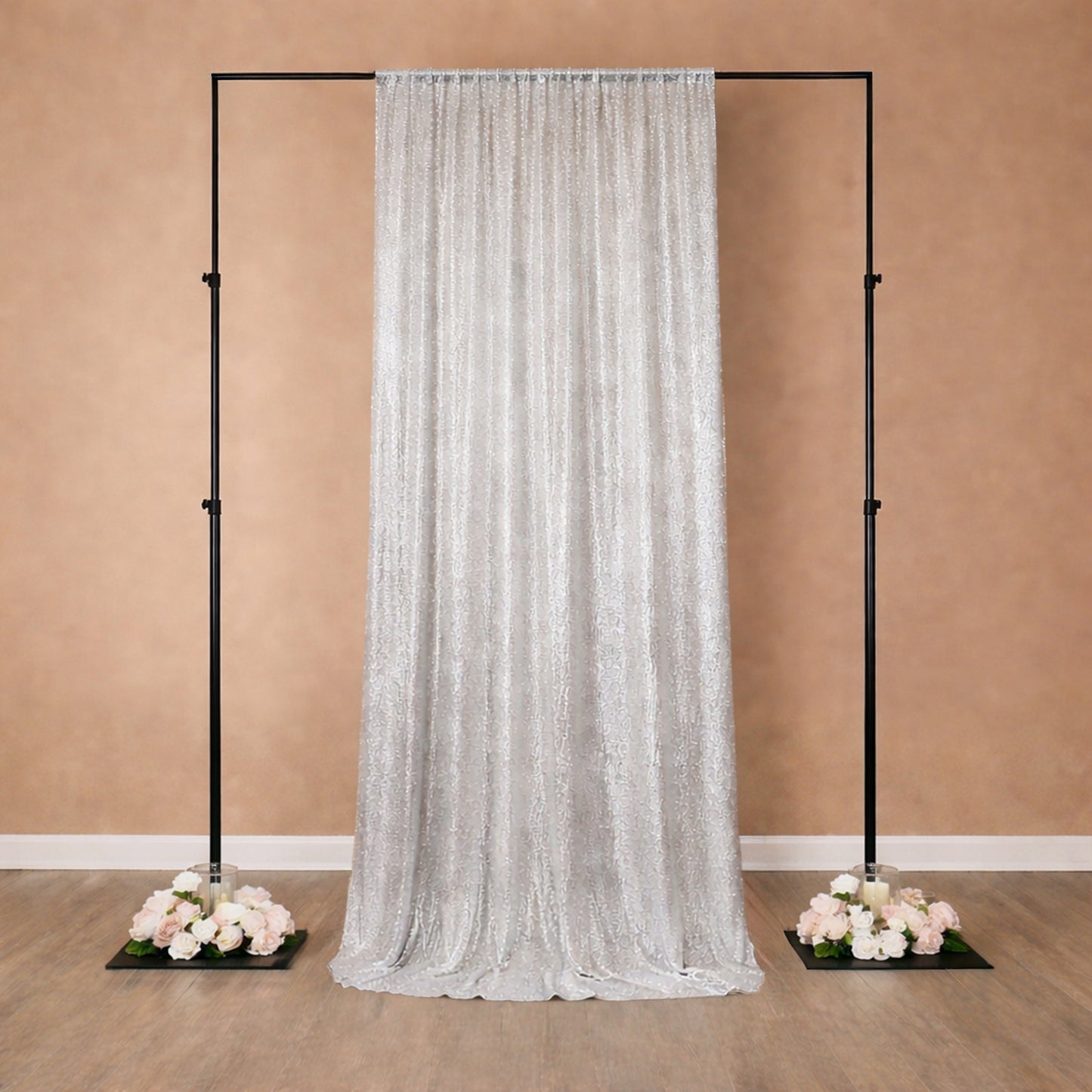 Silver sequin backdrop curtain for events and photo booths, 5ft x 12ft.