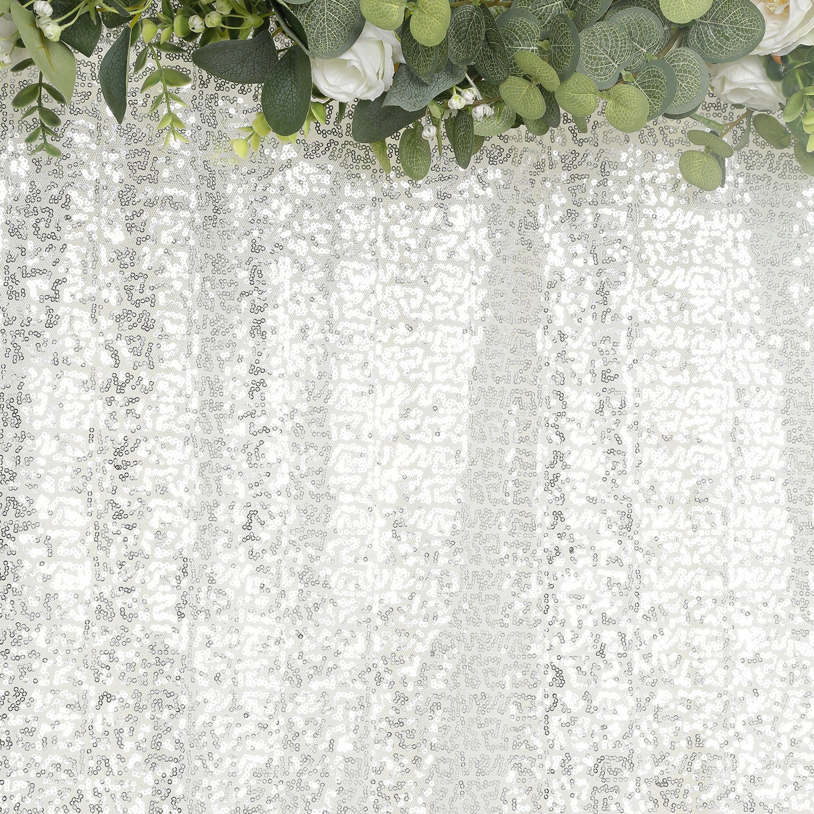 Silver sequin backdrop curtain for events and photo booths, 5ft x 12ft.