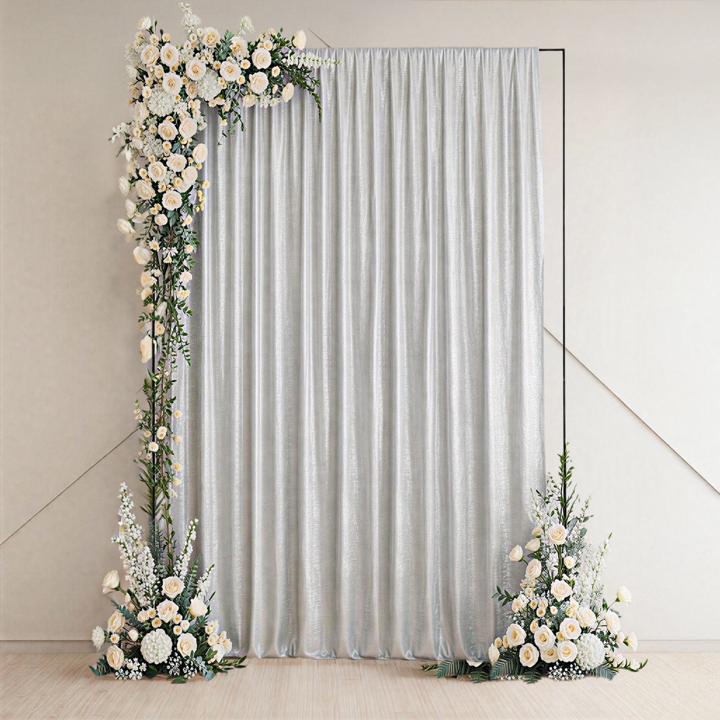 Silver sequin event backdrop curtain for professional displays and photo booths.