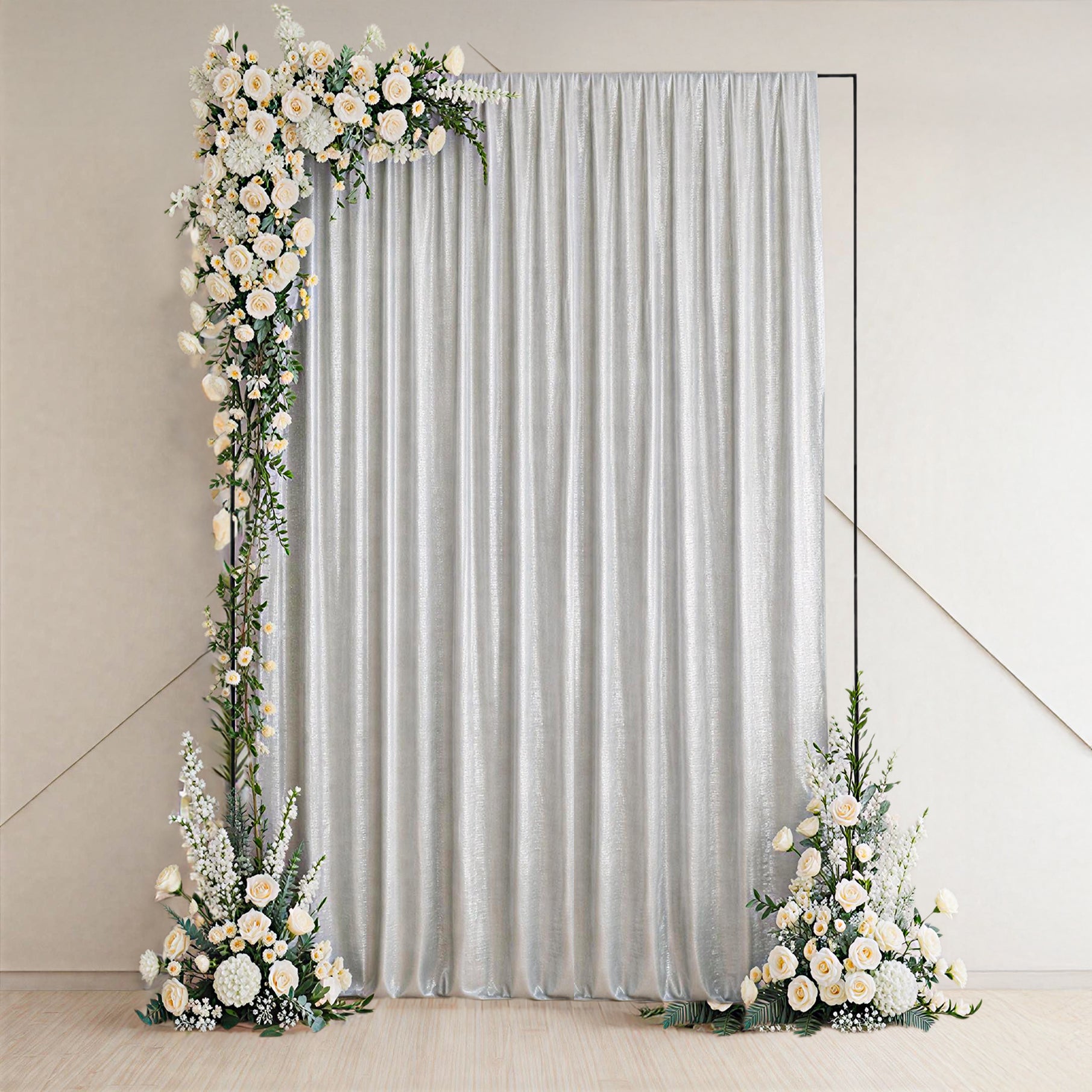 Silver sequin event backdrop curtain for professional displays and photo booths.